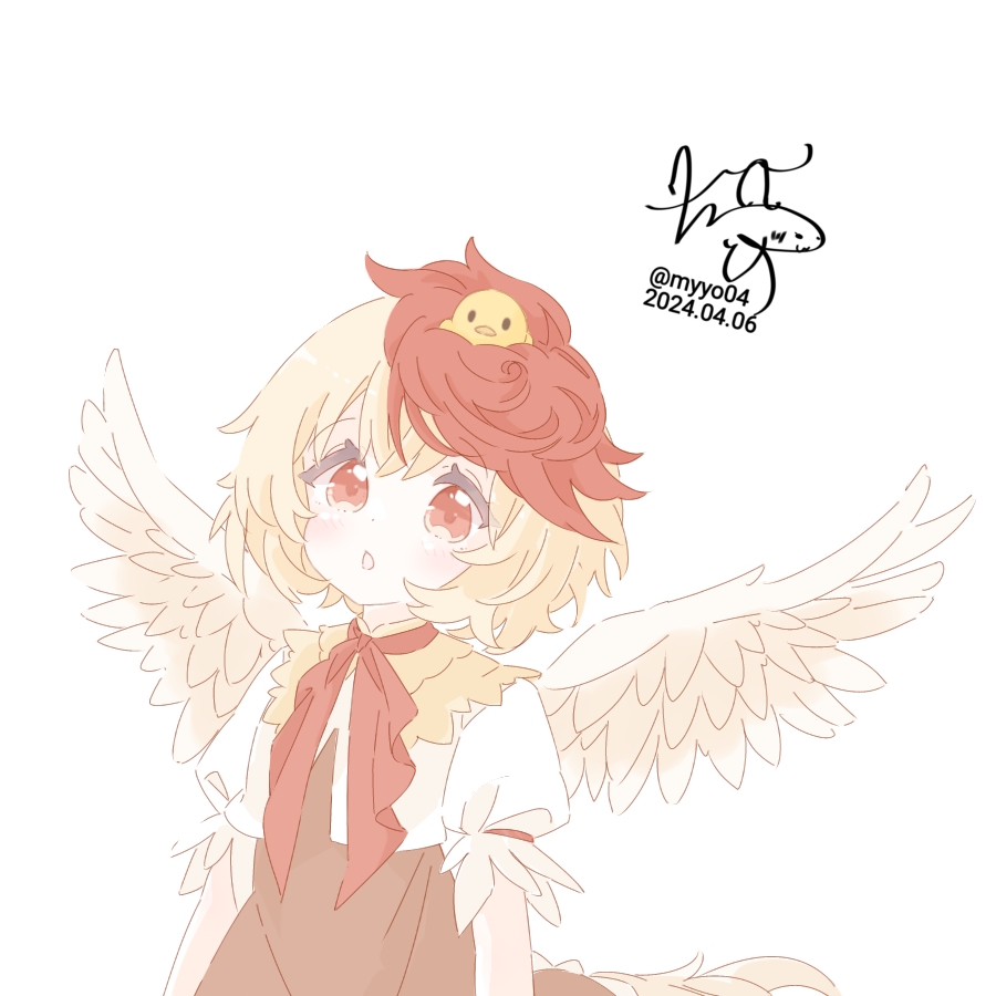 chame (myyo04), niwatari kutaka, touhou, commentary request, 1girl, animal, animal on head, baby animal, bird, bird on head, bird wings, blonde hair, brown dress, chick, dated, dress, feathered wings, multicolored hair, on head, open mouth, red eyes, red hair, short sleeves, signature, solo, tail, twitter username, two-tone hair, wings, yellow wings