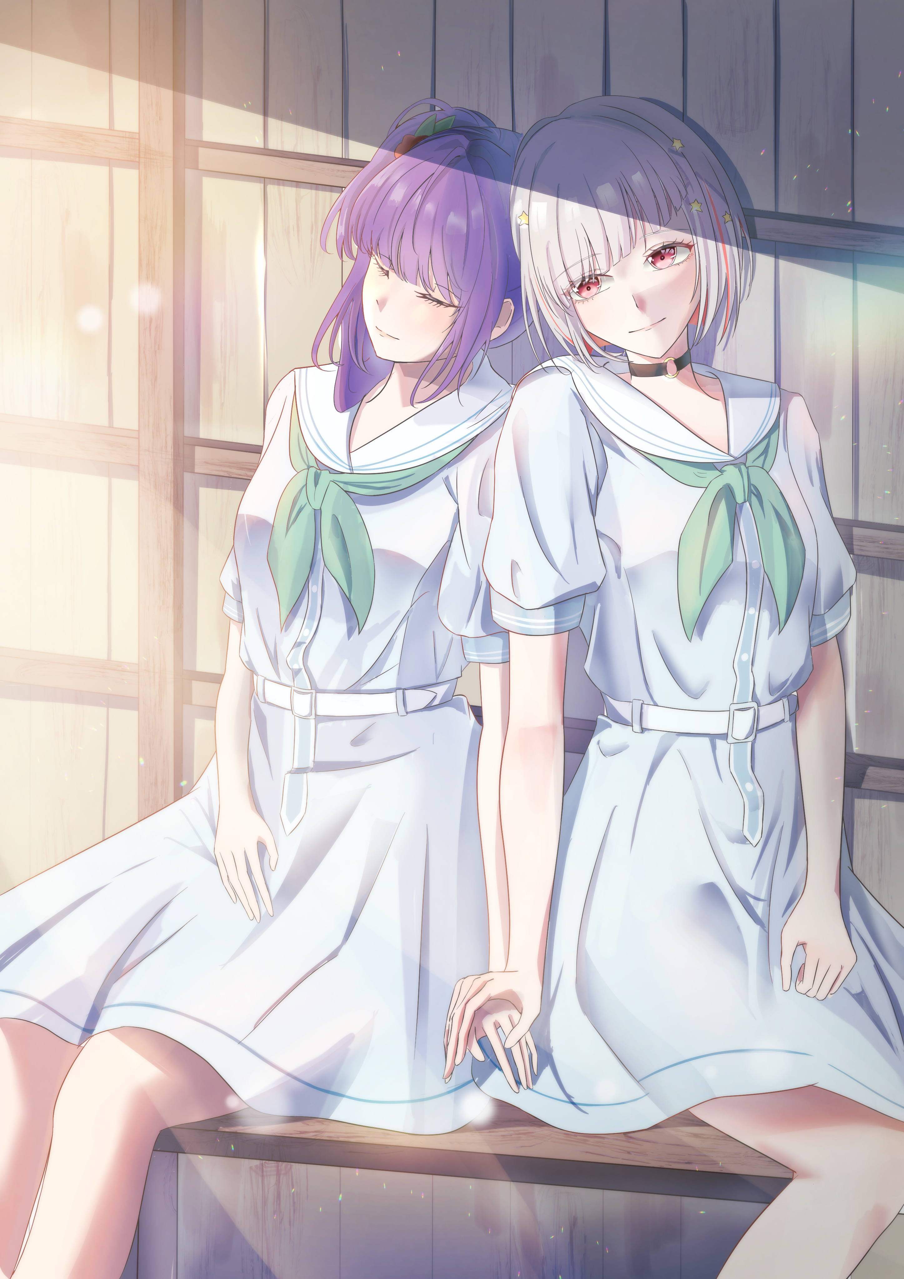 caricariume, otomune kozue, yugiri tsuzuri, link! like! love live!, love live!, absurdres, commentary request, highres, 2girls, aqua neckerchief, black choker, blue dress, bob cut, choker, diagonal bangs, dress, feet out of frame, flower, grey hair, hair bun, hair flower, hair ornament, hand on another's hand, hasu no sora school uniform, holding hands, inverted bob, light particles, long hair, medium dress, multiple girls, neckerchief, o-ring, o-ring choker, on bench, outdoors, pleated dress, puffy short sleeves, puffy sleeves, purple hair, red flower, red hair, sailor collar, school uniform, short hair, short sleeves, side ponytail, sidelocks, single side bun, sitting, star (symbol), star hair ornament, virtual youtuber, white sailor collar