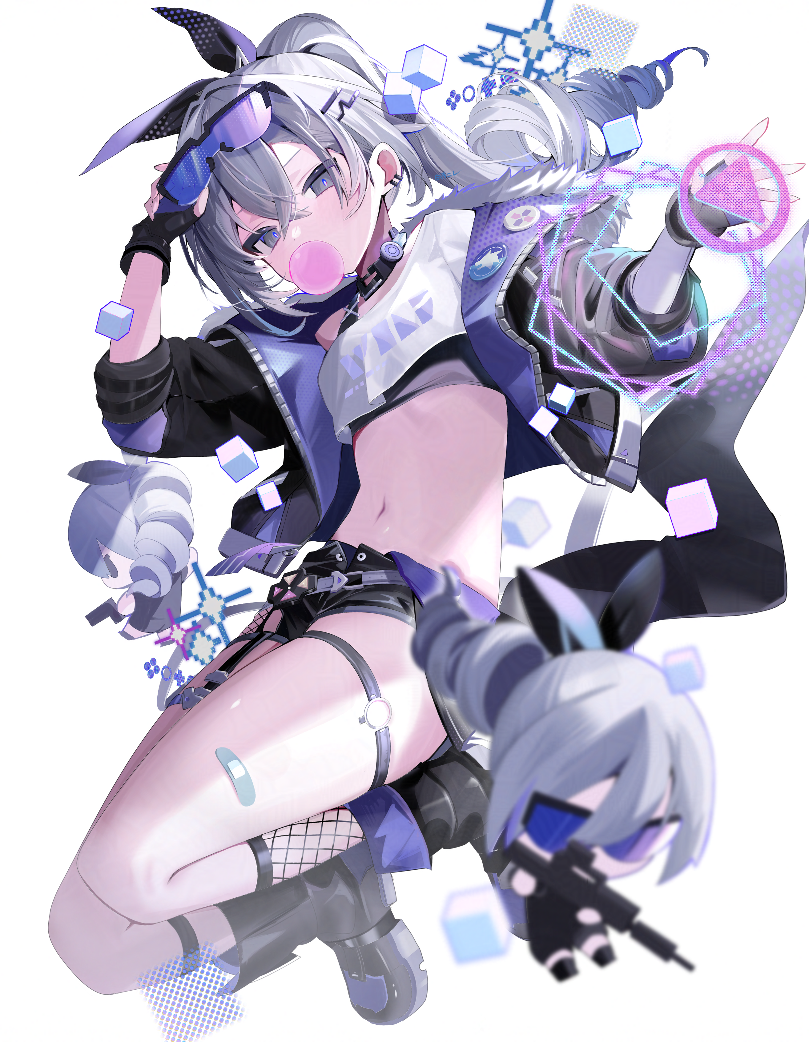 onodera nire, silver wolf (honkai: star rail), honkai: star rail, honkai (series), absurdres, commentary request, highres, 3girls, asymmetrical legwear, bandaid on thigh, black boots, black gloves, black jacket, black shorts, black sports bra, blowing bubble gum, boots, breasts, chewing gum, chibi, crop top, cropped jacket, cropped shirt, crossed bangs, drill hair, drill ponytail, ear piercing, eyewear on head, fingerless gloves, fishnet socks, fishnets, fur-trimmed jacket, fur trim, gloves, gradient-tinted eyewear, grey eyes, grey hair, hair between eyes, hair ornament, hair ribbon, hairclip, jacket, jumping, long hair, looking at viewer, midriff, multiple girls, navel, open clothes, open jacket, piercing, ponytail, purple-tinted eyewear, ribbon, shirt, short shorts, shorts, single-shoulder shirt, single drill, sleeves pushed up, small breasts, socks, sports bra, thigh strap, tinted eyewear, white shirt