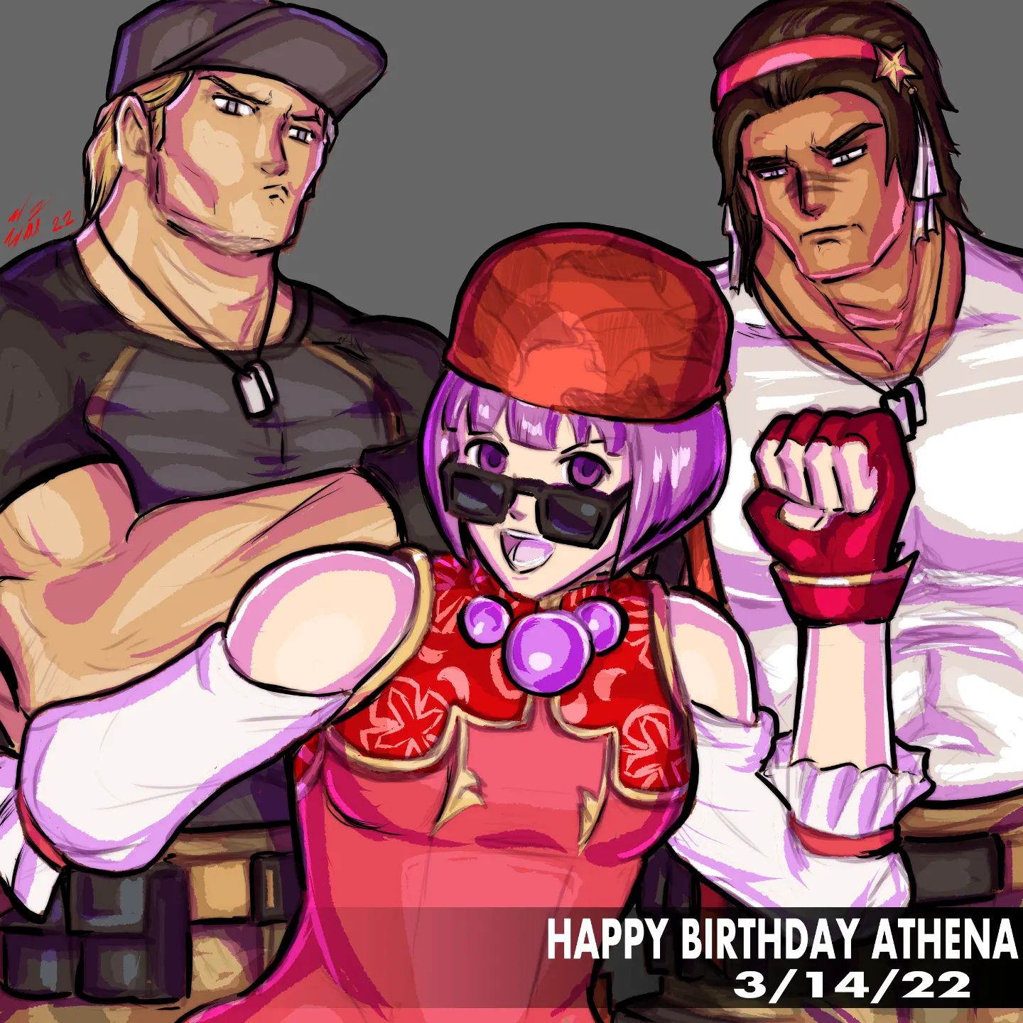 asamiya athena, clark still, ralf jones, the king of fighters, 1girl, bandana, collar, dress, female focus, gloves, hairband, looking at viewer, open mouth, pale skin, purple eyes, purple hair, smile, standing, taurence bell, wide hips