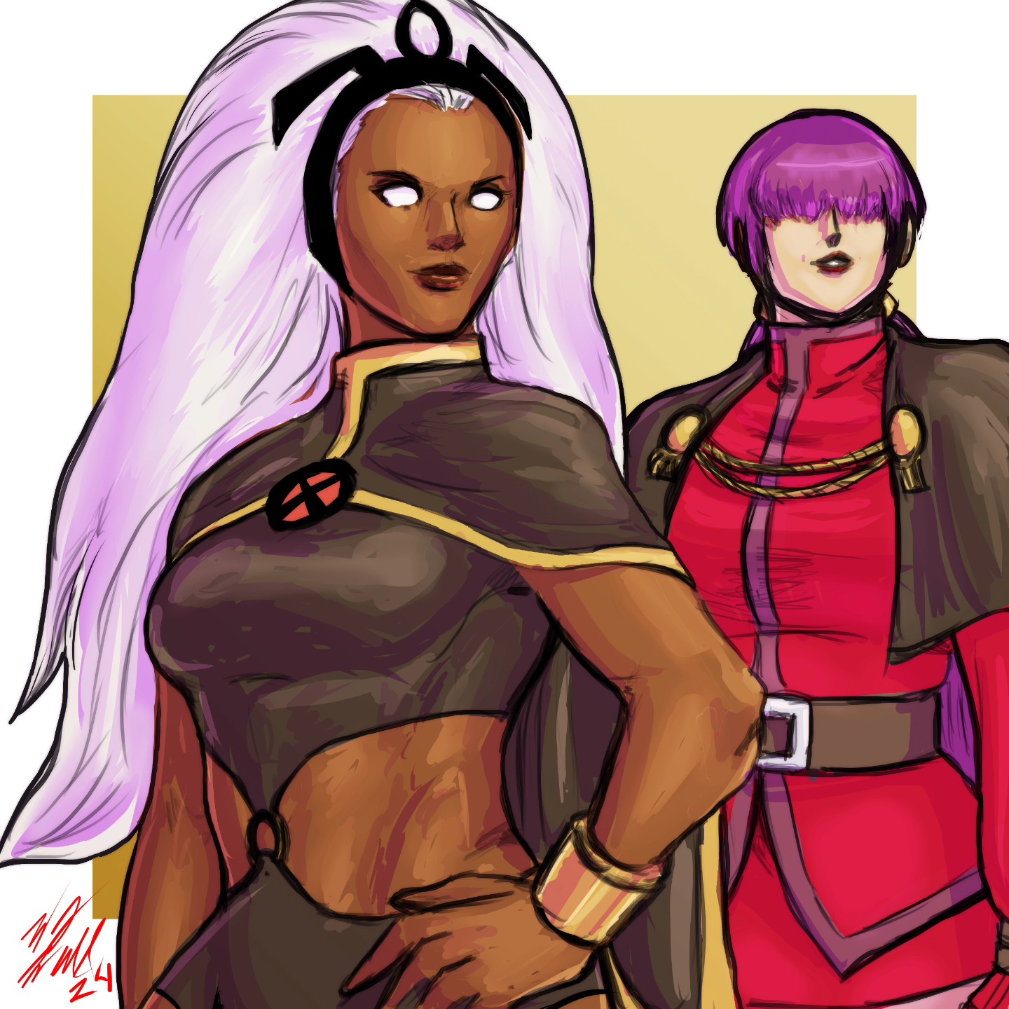 orochi shermie, shermie (kof), storm (x-men), marvel, the king of fighters, x-men, 2girls, breasts, coat, dress, female focus, long hair, long sleeves, medium breasts, multiple girls, pale skin, ponytail, purple hair, standing, taurence bell, thick thighs, thighs, twintails, very long hair, wide hips