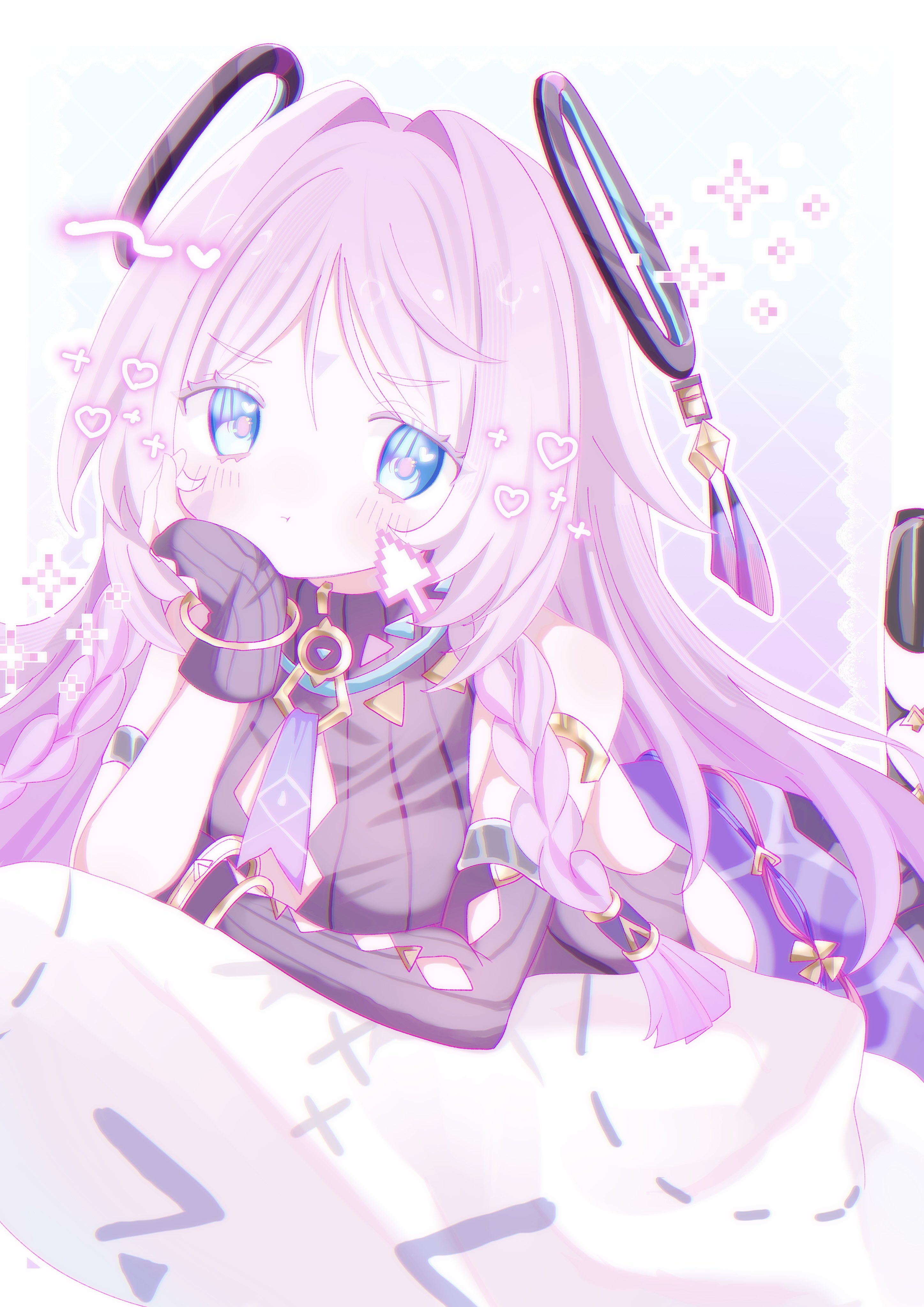 ne ru ri, citlali (genshin impact), citlalin (genshin impact), genshin impact, absurdres, commentary, hashtag-only commentary, highres, 1girl, asymmetrical gloves, bare shoulders, black gloves, black leotard, blue eyes, blush, braid, breasts, fingerless gloves, floating headgear, gloves, head rest, headgear, leotard, long hair, looking at viewer, lying, on stomach, pink hair, pink pupils, solo, twin braids, uneven gloves, very long hair