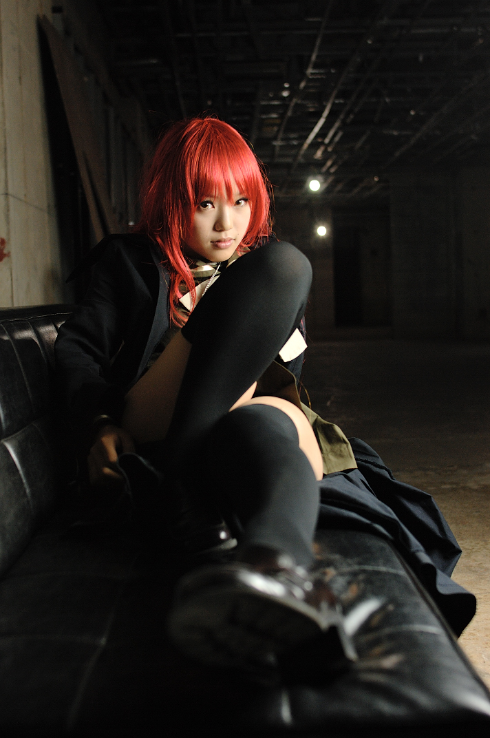 kipi-san, shana, shakugan no shana, photo (medium), 1girl, asian, black thighhighs, cosplay, couch, female focus, indoors, loafers, long hair, looking at viewer, on couch, red hair, school uniform, serafuku, shana (cosplay), shoes, solo, thighhighs, zettai ryouiki