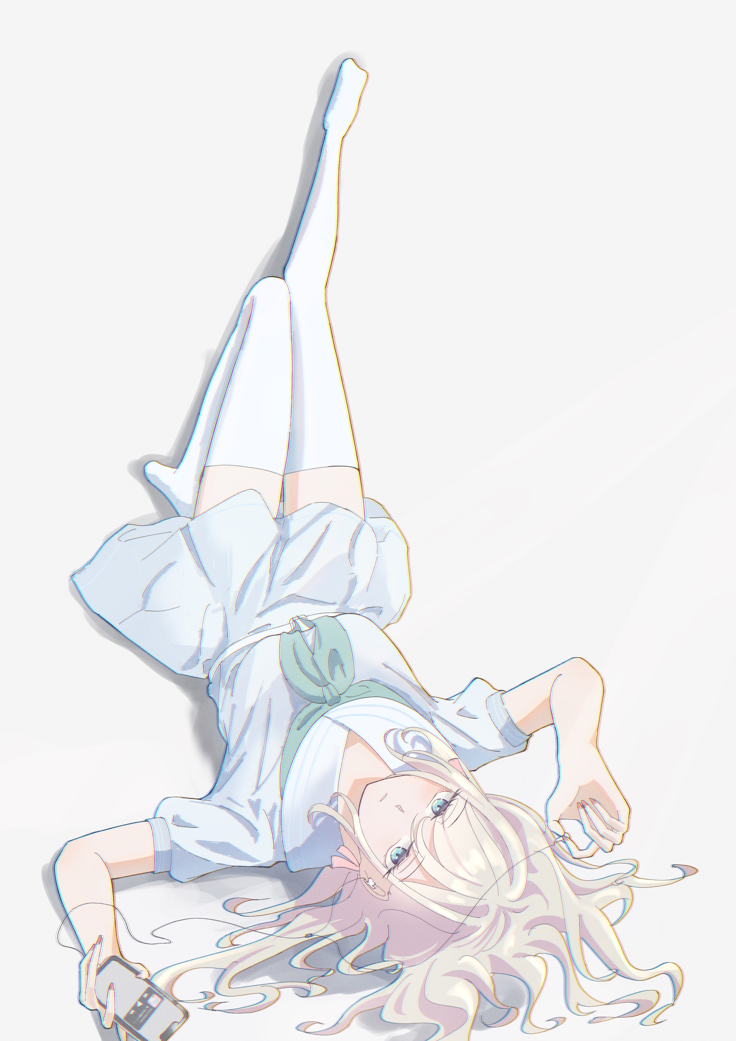 caricariume, ceras yanagida lilienfeld, link! like! love live!, love live!, absurdres, commentary request, highres, 1girl, alternate legwear, aqua neckerchief, blue dress, blue eyes, breasts, cellphone, chromatic aberration, closed mouth, dress, earphones, expressionless, full body, grey background, grey hair, hair spread out, hasu no sora school uniform, holding, holding phone, knees up, large breasts, leg up, long hair, looking at viewer, lying, neckerchief, no shoes, on back, phone, puffy short sleeves, puffy sleeves, sailor collar, sailor dress, school uniform, shadow, short sleeves, simple background, single earphone removed, smartphone, solo, summer uniform, thighhighs, upside-down, virtual youtuber, white sailor collar, white thighhighs, zettai ryouiki