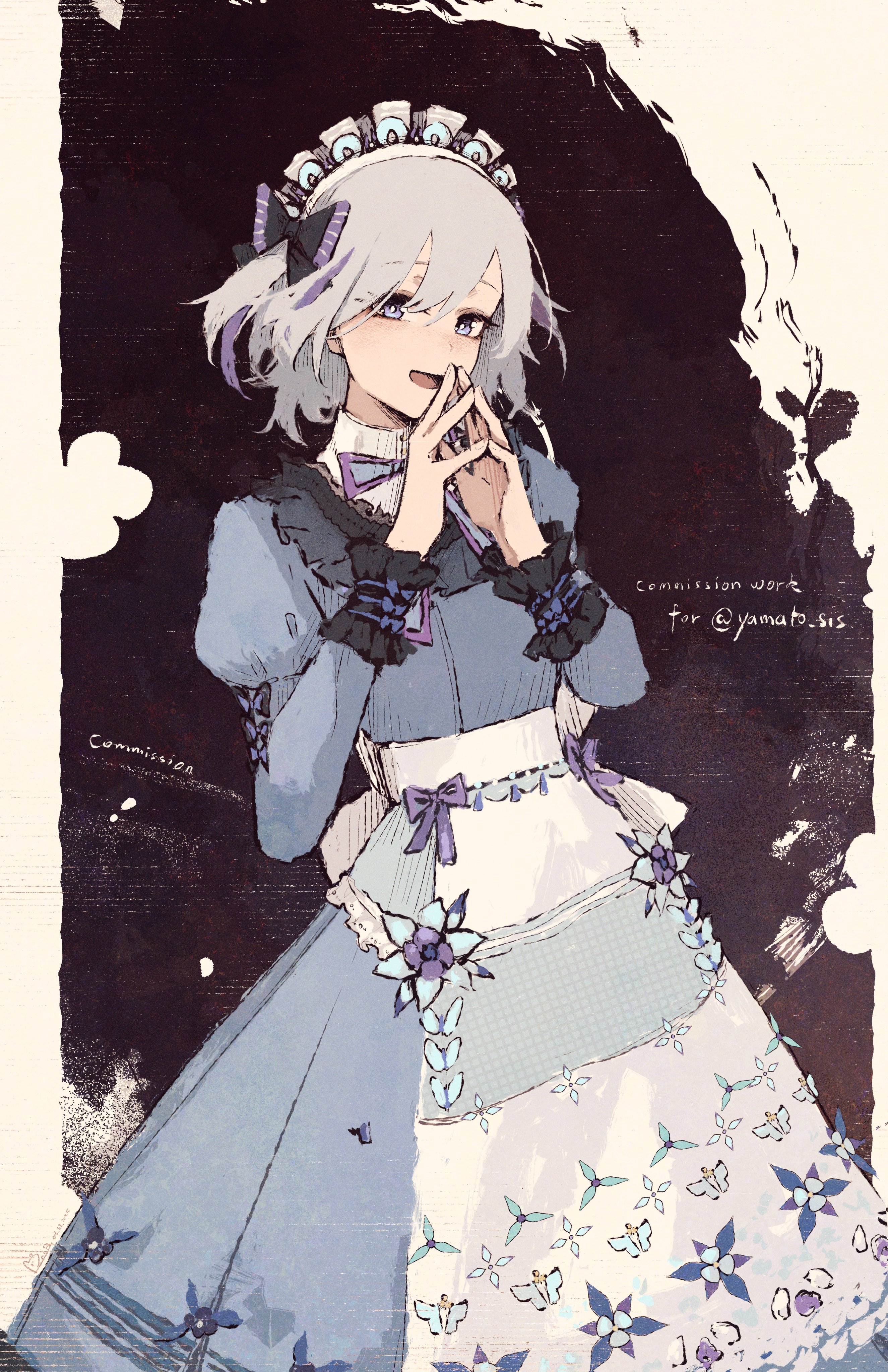 rnna, contender (flowerful maid) (girls' frontline), contender (girls' frontline), girls' frontline, absurdres, commentary, commission, english commentary, highres, apron, black background, black bow, bow, dress, grey dress, grey hair, hair bow, hands up, looking at viewer, maid headdress, multicolored hair, official alternate costume, open mouth, own hands together, purple eyes, purple hair, short hair, smile, streaked hair, twitter username, two-tone background, two-tone hair, waist apron, white apron, white background