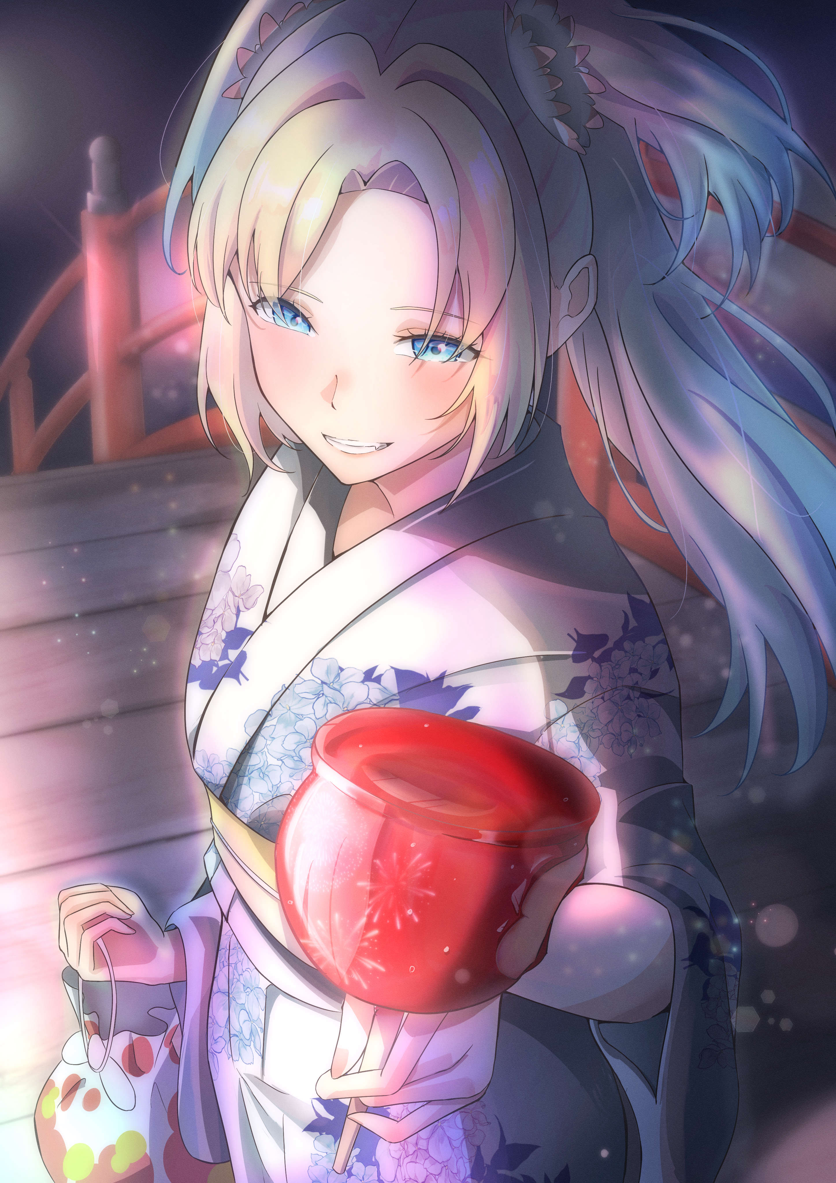 caricariume, osawa rurino, osawa rurino (hokkoku hanabi), link! like! love live!, love live!, absurdres, commentary request, highres, 1girl, arch bridge, bag, blonde hair, blue eyes, blue hair, blush, bridge, candy apple, curtained hair, floral print, floral print kimono, flower, food, gradient hair, grin, hair flower, hair ornament, holding, holding bag, holding candy apple, holding food, hydrangea print, incoming food, japanese clothes, kimono, long hair, looking at viewer, multicolored hair, official alternate costume, parted bangs, pink flower, print kimono, smile, solo, summer festival, virtual youtuber, white kimono