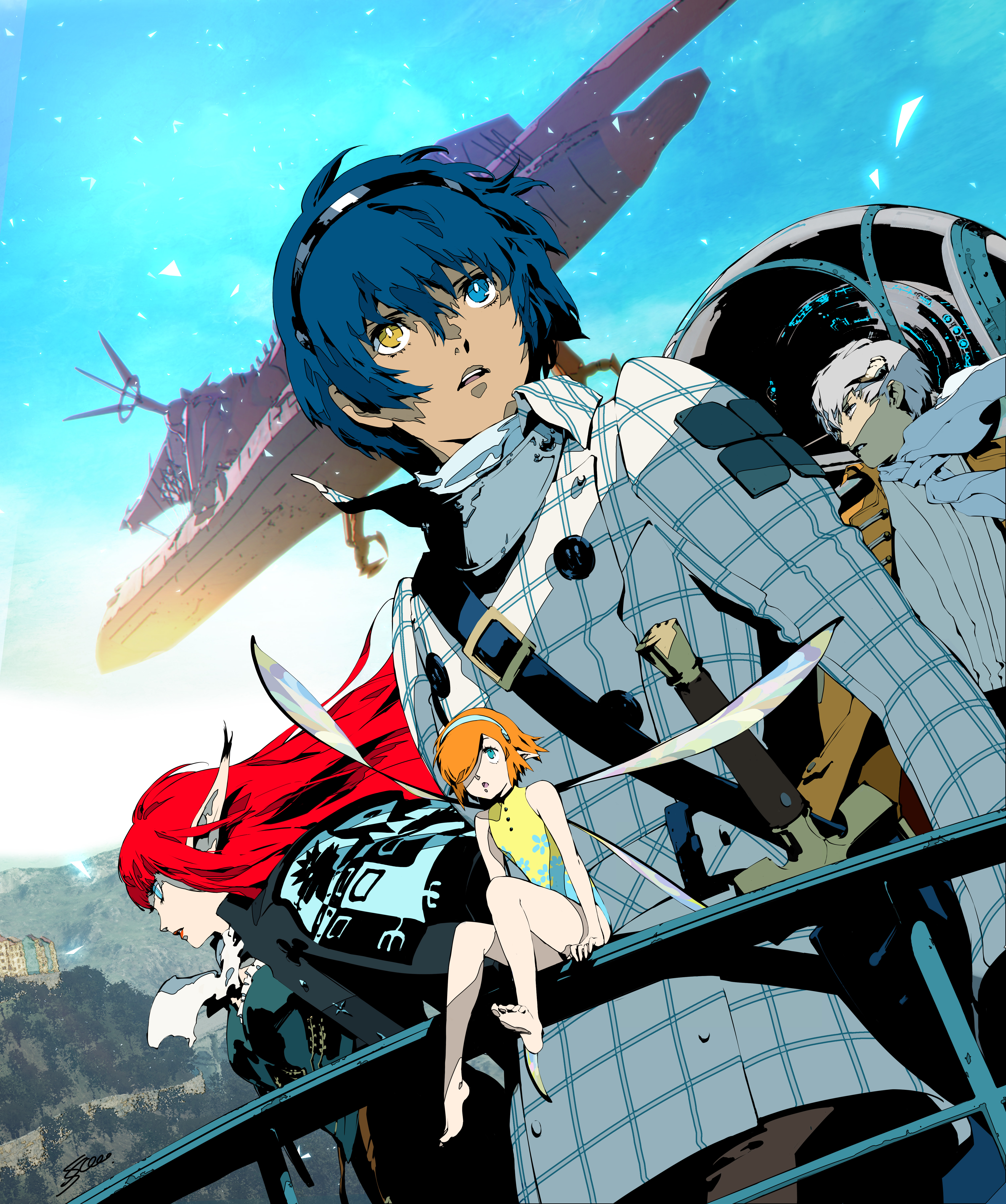 soejima shigenori, gallica (metaphor: refantazio), hulkenberg (metaphor: refantazio), protagonist (metaphor: refantazio), strohl (metaphor: refantazio), metaphor: refantazio, absurdres, highres, official art, 2boys, 2girls, aqua eyes, bare shoulders, barefoot, battleship, blue eyes, blunt bangs, coat, fairy, fairy wings, hair over one eye, heterochromia, holstered, horns, leotard, long hair, military vehicle, multiple boys, multiple girls, on railing, open mouth, pointy ears, railing, red hair, ship, short hair, sitting, sky, sword, warship, watercraft, weapon, white coat, wings, yellow coat