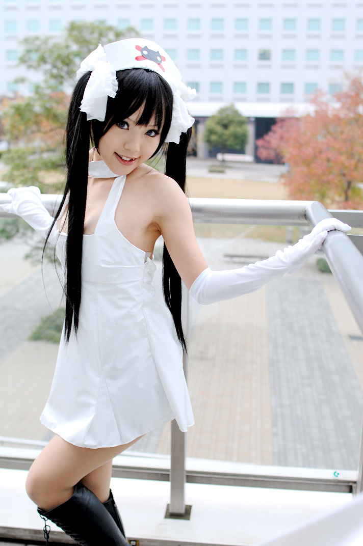 kipi-san, ruriko nasu, pure trance, photo (medium), 1girl, asian, black hair, boots, bow, breasts, cosplay, elbow gloves, female focus, gloves, hair bow, indoors, long hair, looking at viewer, nurse, outdoors, ruriko nasu (cosplay), scissors, small breasts, smile, solo, twintails
