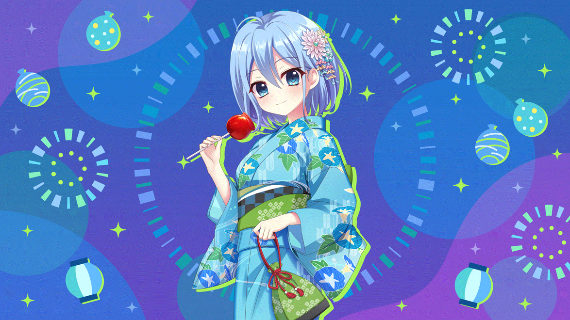 izumi tsubasu, nakano rinka, re:stage!, game cg, non-web source, official art, 1girl, ahoge, bag, blue background, blue eyes, blue hair, blue kimono, candy apple, closed mouth, cowboy shot, dot nose, double-parted bangs, film grain, floral print, floral print kimono, food, green bag, green sash, hair between eyes, hand up, handbag, holding, holding bag, holding candy apple, holding food, japanese clothes, kimono, lantern, looking at viewer, obi, paper lantern, print kimono, purple background, sash, short hair, smile, solo, sparkle background, water balloon, yukata