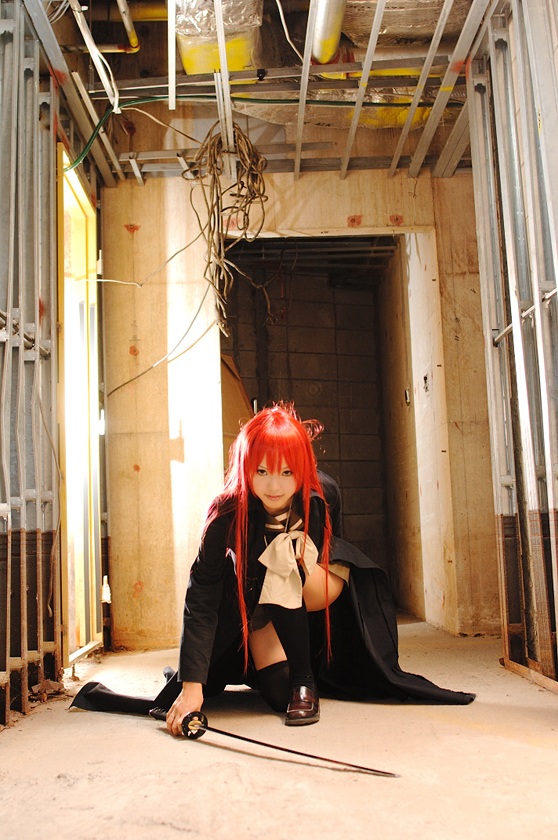 kipi-san, shana, shakugan no shana, photo (medium), 1girl, asian, breasts, coat, cosplay, female focus, katana, long hair, looking at viewer, on one knee, overcoat, red hair, school uniform, serafuku, shana (cosplay), small breasts, solo, sword, thighhighs, weapon, zettai ryouiki