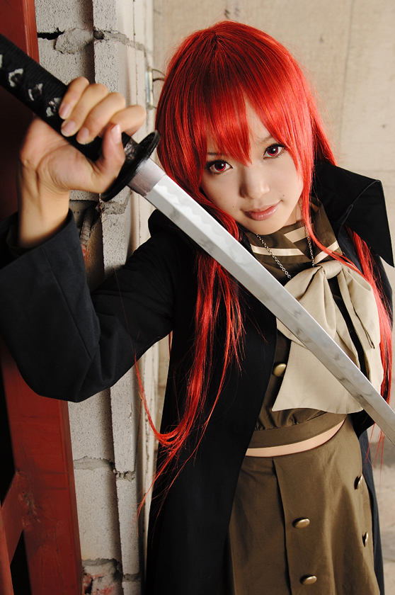 kipi-san, shana, real life, shakugan no shana, cosplay photo, photo (medium), 1girl, asian, breasts, coat, color contacts, cosplay, female focus, katana, long hair, looking at viewer, overcoat, red eyes, red hair, school uniform, serafuku, shana (cosplay), small breasts, solo, sword, weapon