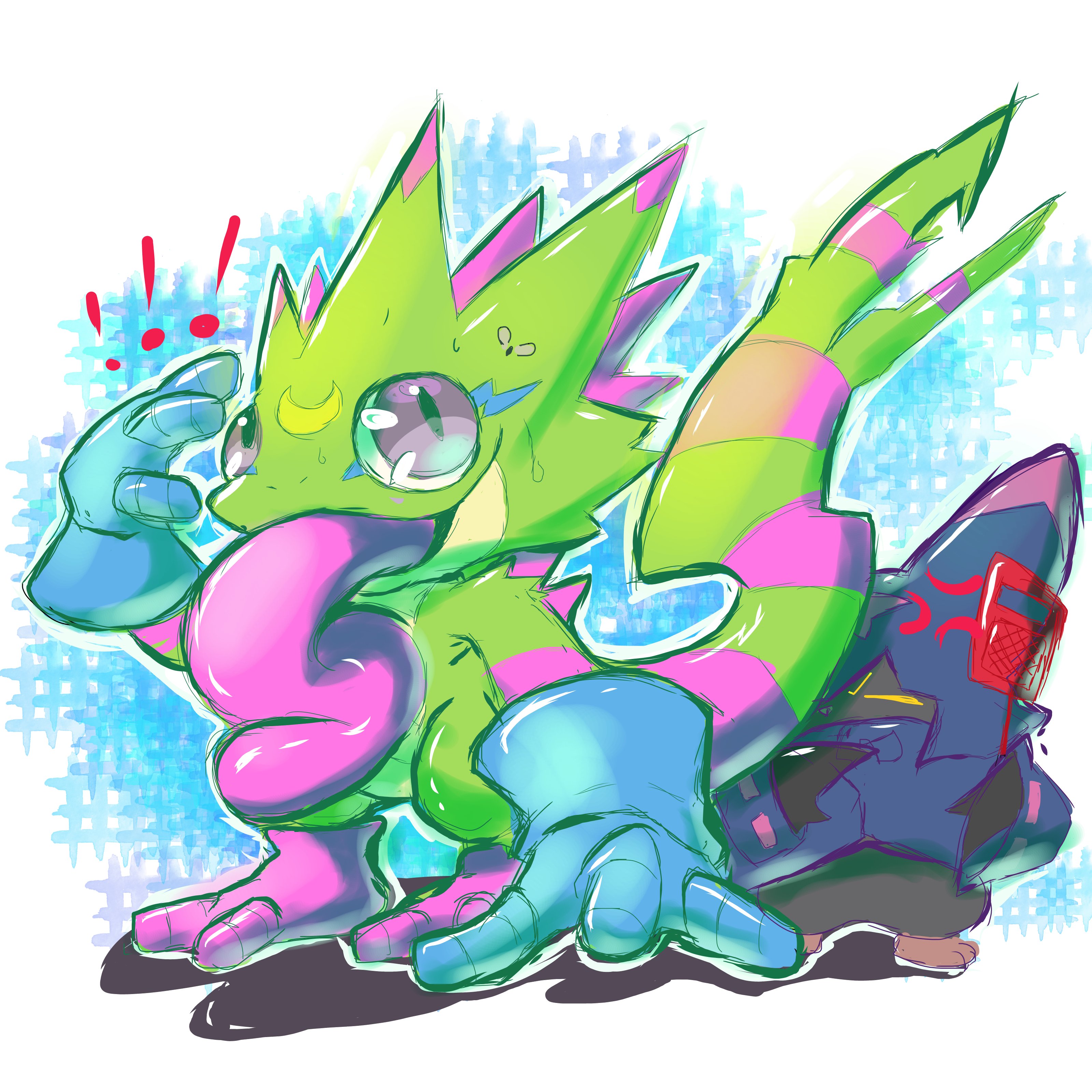 youwantstars, chiropmon, gekkomon, digimon, digimon beatbreak, absurdres, highres, blue gloves, digimon (creature), gloves, looking at viewer, no humans, tongue, tongue out