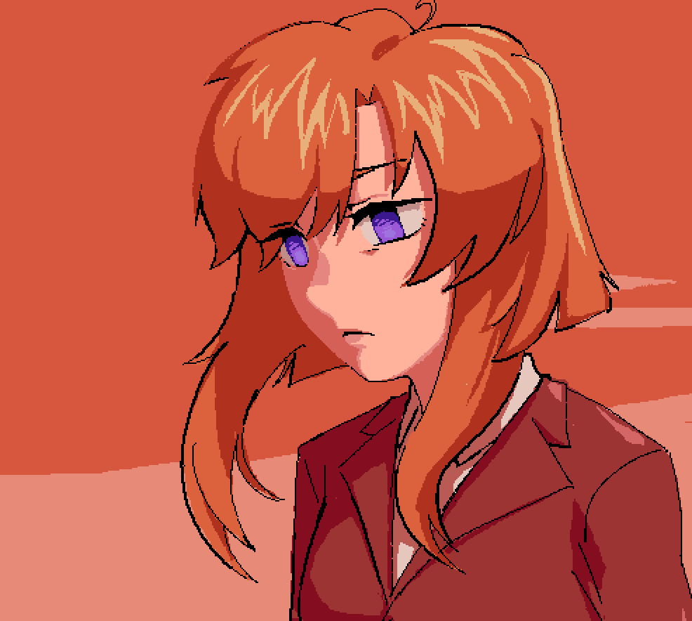 ryuuguu rena, higurashi no naku koro ni, commentary, english commentary, 1girl, aged up, alternate eye color, blazer, closed mouth, collared shirt, expressionless, jacket, no pupils, orange hair, purple eyes, red jacket, sachadow (sacha), shirt, short hair with long locks, simple background, solo, white shirt