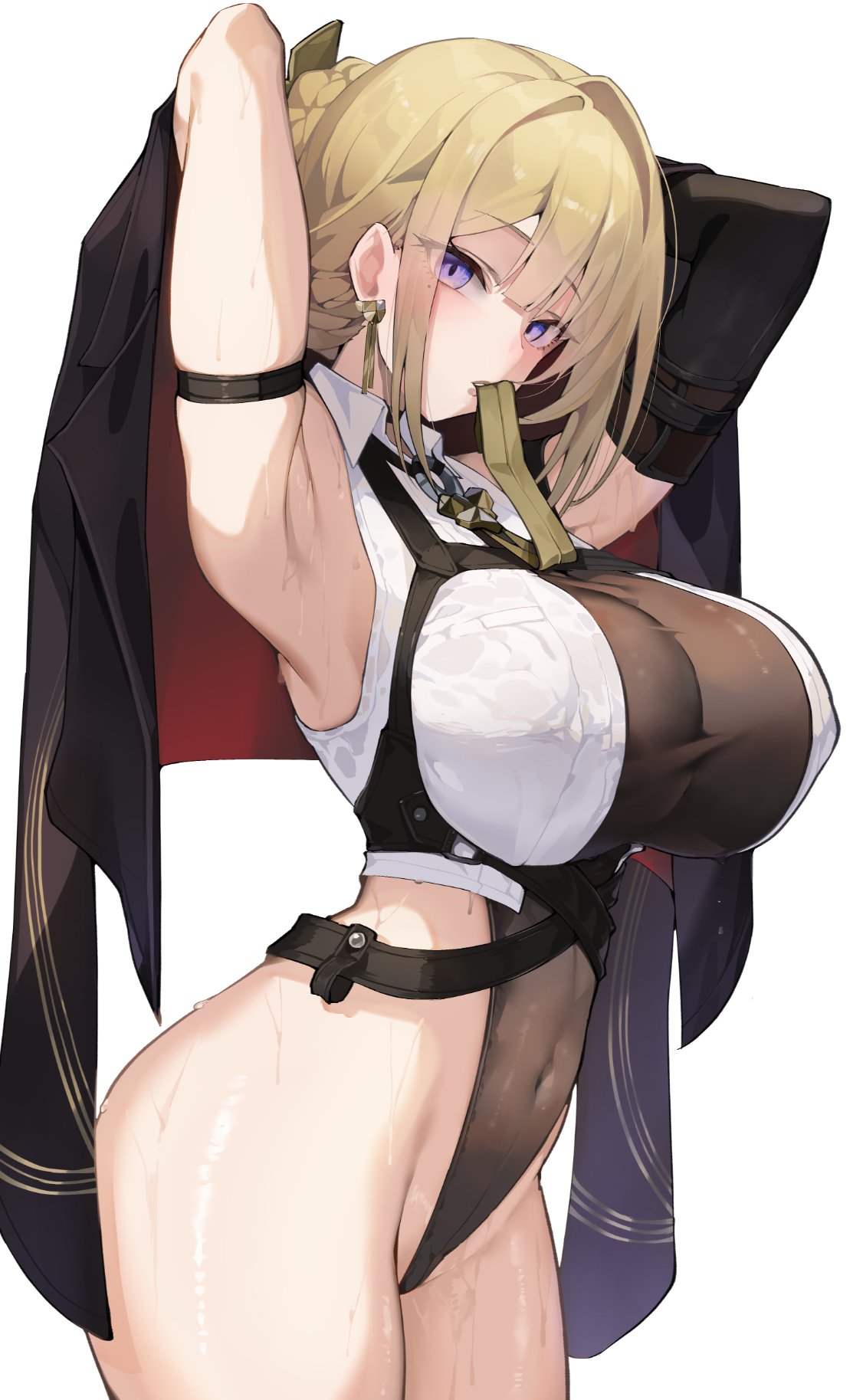 satou daiji, evelyn chevalier, zenless zone zero, highres, 1girl, arm strap, armpits, arms up, black leotard, blonde hair, breasts, collared shirt, covered navel, earrings, highleg, highleg leotard, jewelry, large breasts, leotard, looking at viewer, purple eyes, shirt, simple background, solo, sweat, white background, white shirt