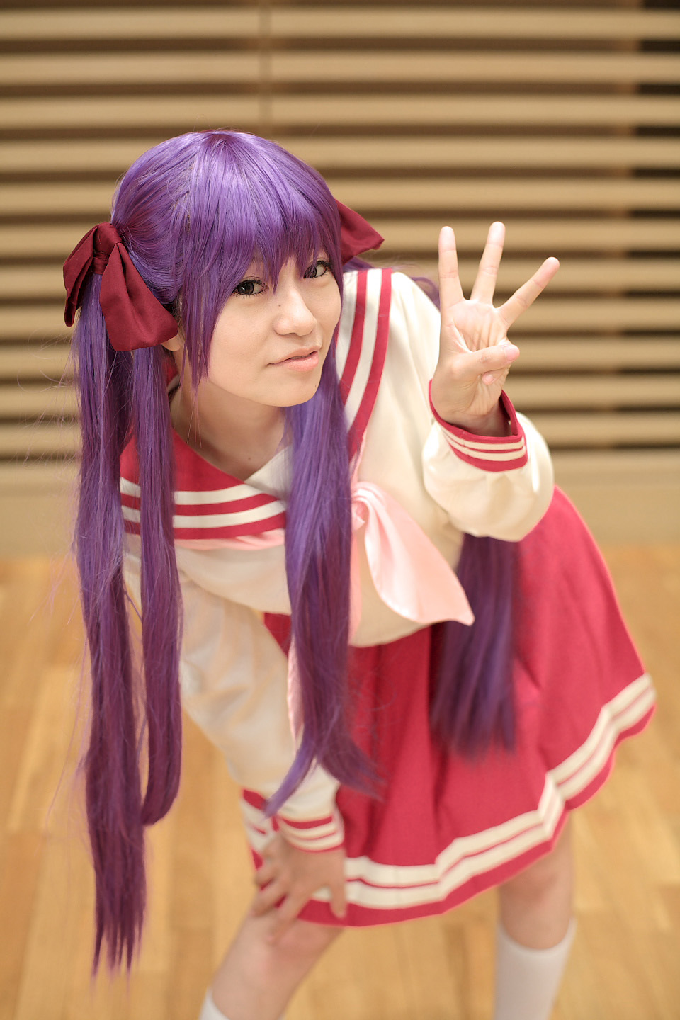 naito, hiiragi kagami, lucky star, highres, photo (medium), cosplay, hair ribbon, purple hair, ribbon, sailor, school uniform, serafuku, socks, twintails