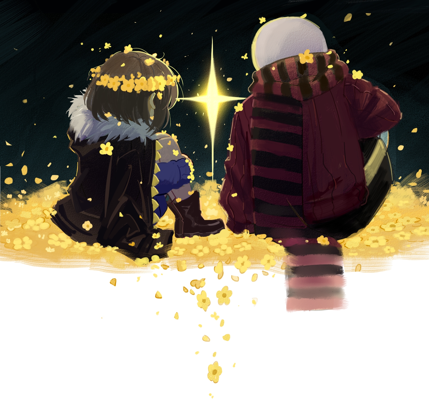 hanbaobaobaozhu, frisk (undertale), sans (undertale), flowerfell, undertale, utdr (toby fox), chinese commentary, commentary request, highres, 1boy, 1other, alternate universe, ankle boots, black background, black jacket, black scarf, black shorts, blue shorts, blue sweater, boots, brown boots, brown hair, falling petals, field, film grain, flower, flower field, flower wreath, from behind, full body, fur-trimmed jacket, fur trim, glowing, head wreath, jacket, jacket on shoulders, knees up, long sleeves, petals, puffy long sleeves, puffy sleeves, red scarf, red sweater, ribbed sweater, scarf, short hair, shorts, sidelighting, simple background, single vertical stripe, sitting, sparkle, sweater, two-tone background, two-tone scarf, white background, yellow flower, yellow petals