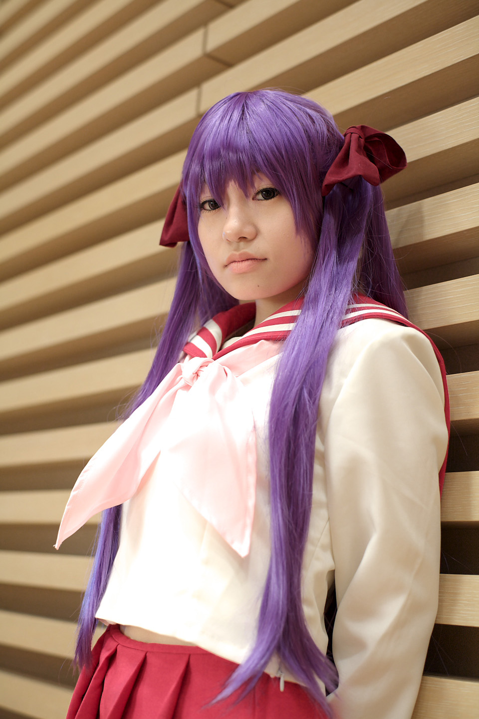 naito, hiiragi kagami, lucky star, highres, photo (medium), cosplay, hair ribbon, purple hair, ribbon, sailor, school uniform, serafuku, socks, twintails