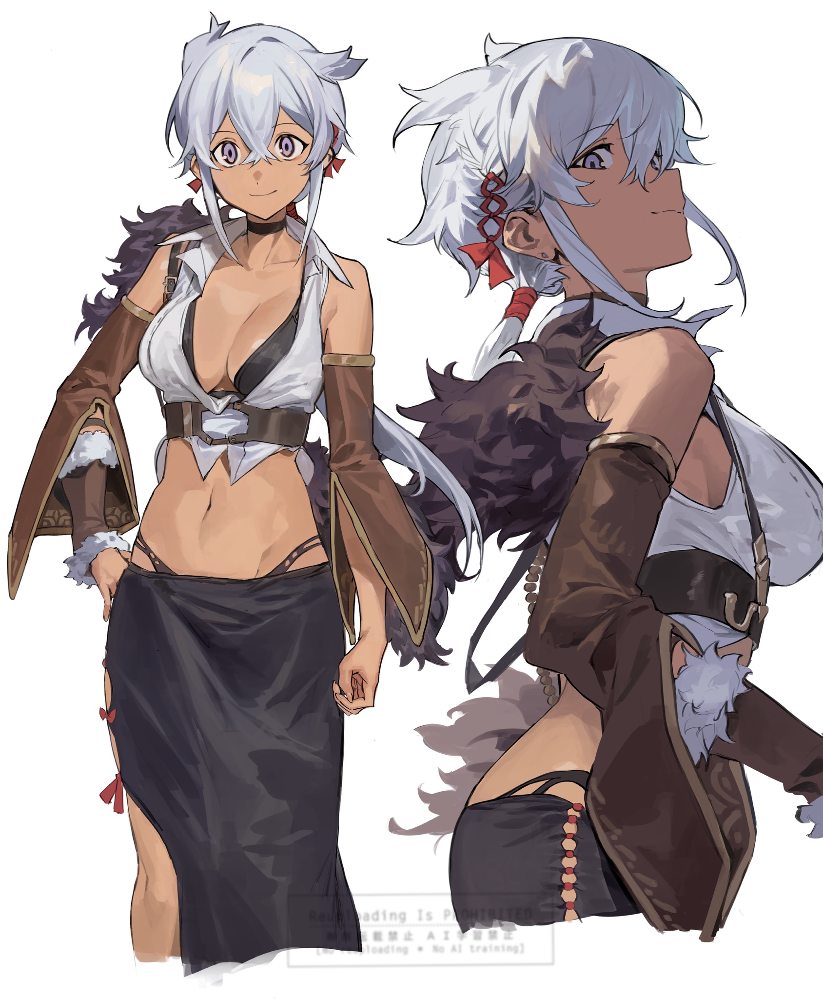 hashibiro kou (garapiko p), original, highres, 1girl, black bra, black skirt, bra, breasts, cleavage, closed mouth, colored skin, dark-skinned female, dark skin, detached sleeves, eyelashes, long hair, midriff, multiple views, navel, ponytail, purple eyes, purple skin, shirt, simple background, skirt, smile, tan, underwear, watermark, white background, white hair, white shirt