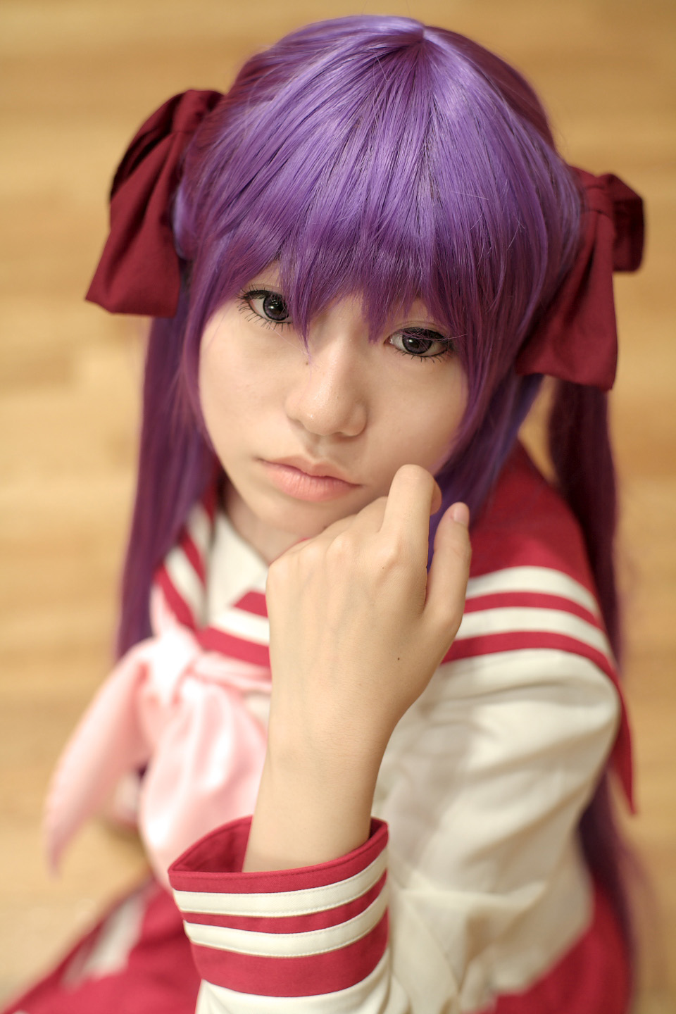 naito, hiiragi kagami, lucky star, highres, photo (medium), cosplay, hair ribbon, purple hair, ribbon, sailor, school uniform, serafuku, socks, twintails