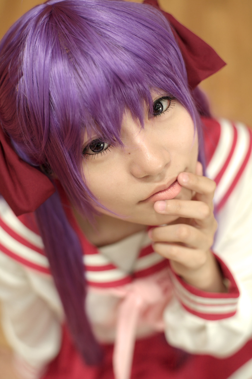 naito, hiiragi kagami, lucky star, highres, photo (medium), cosplay, hair ribbon, purple hair, ribbon, sailor, school uniform, serafuku, socks, twintails