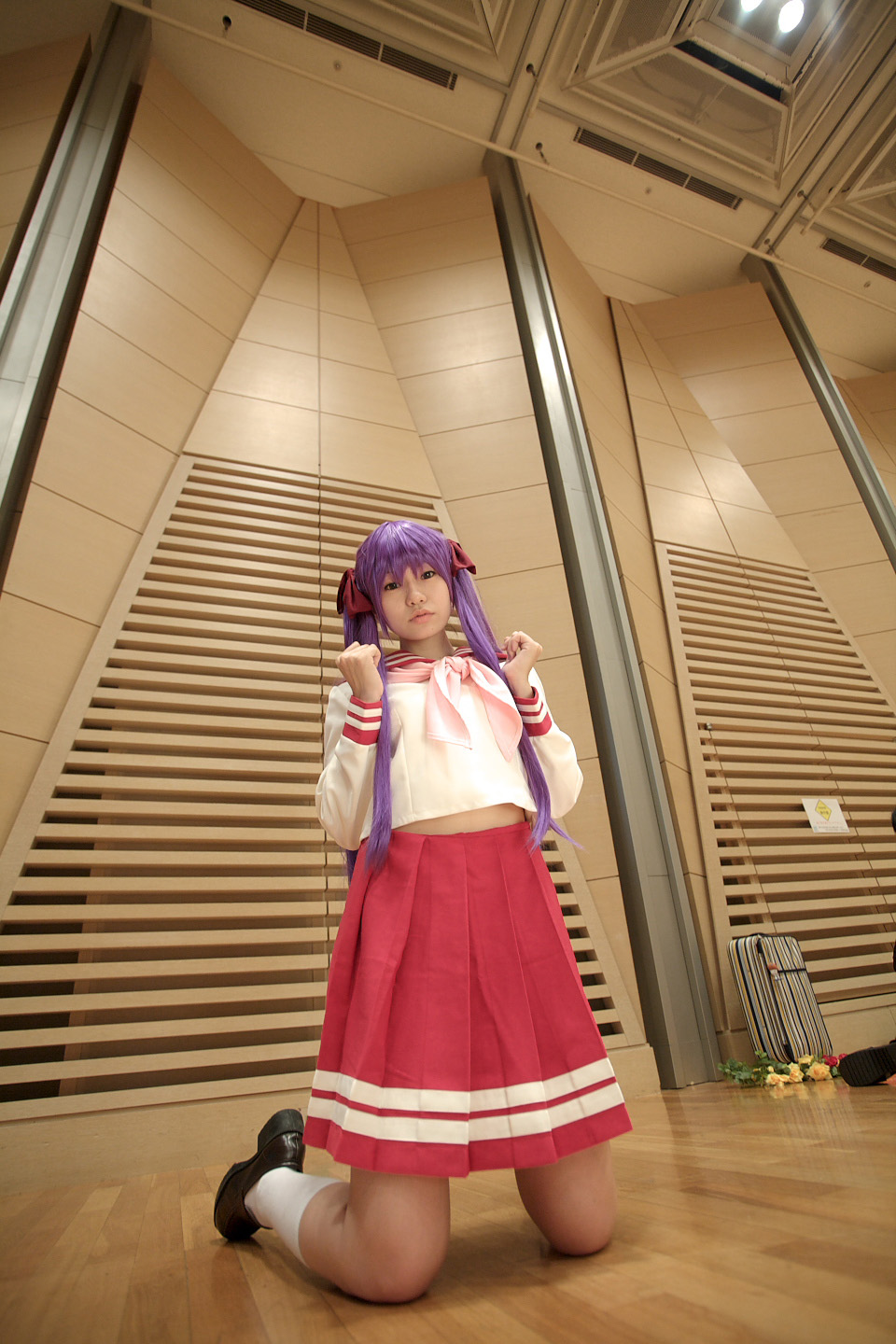 naito, hiiragi kagami, lucky star, highres, photo (medium), cosplay, hair ribbon, purple hair, ribbon, sailor, school uniform, serafuku, socks, twintails