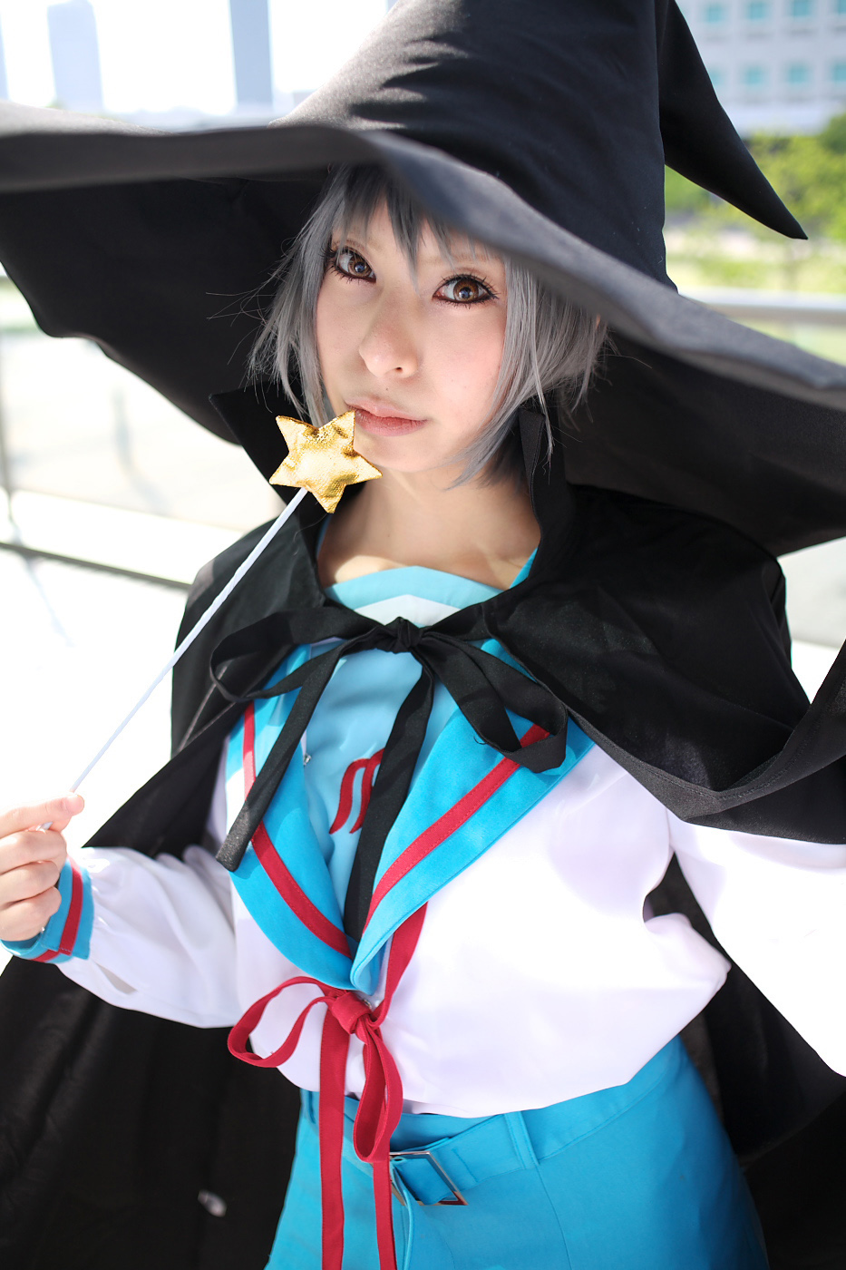 ari (model), nagato yuki, suzumiya haruhi no yuuutsu, highres, photo (medium), cape, cosplay, hat, sailor, school uniform, serafuku, wand, witch hat