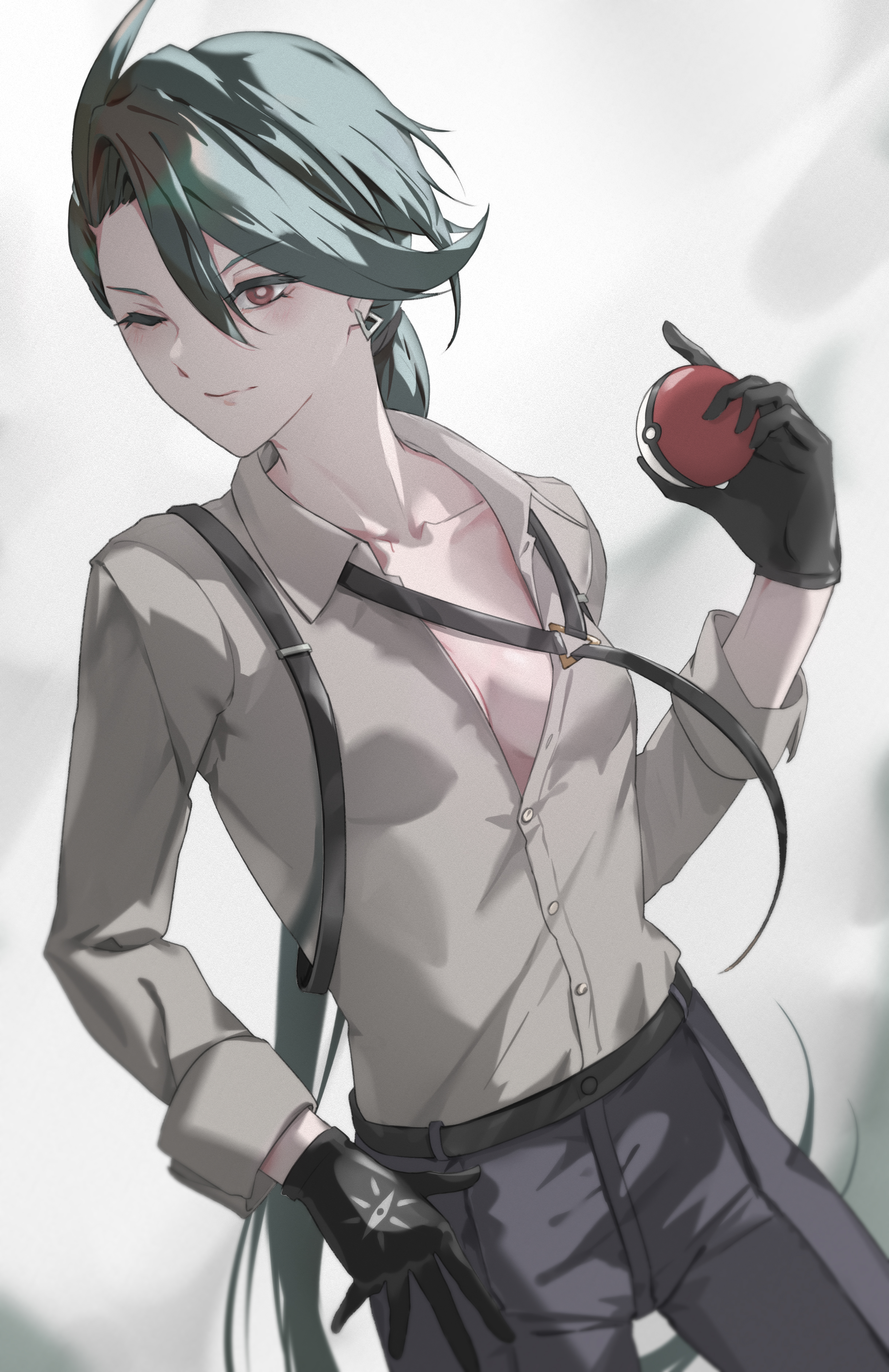 vii (joshuayuen), rika (pokemon), nintendo, pokemon, pokemon sv, absurdres, commentary request, highres, 1girl, black gloves, breasts, collarbone, earrings, gloves, green hair, grey pants, hair between eyes, holding, holding poke ball, jewelry, long hair, looking to the side, medium breasts, one eye closed, pants, poke ball, ponytail, red eyes, smile, solo, suspenders, very long hair