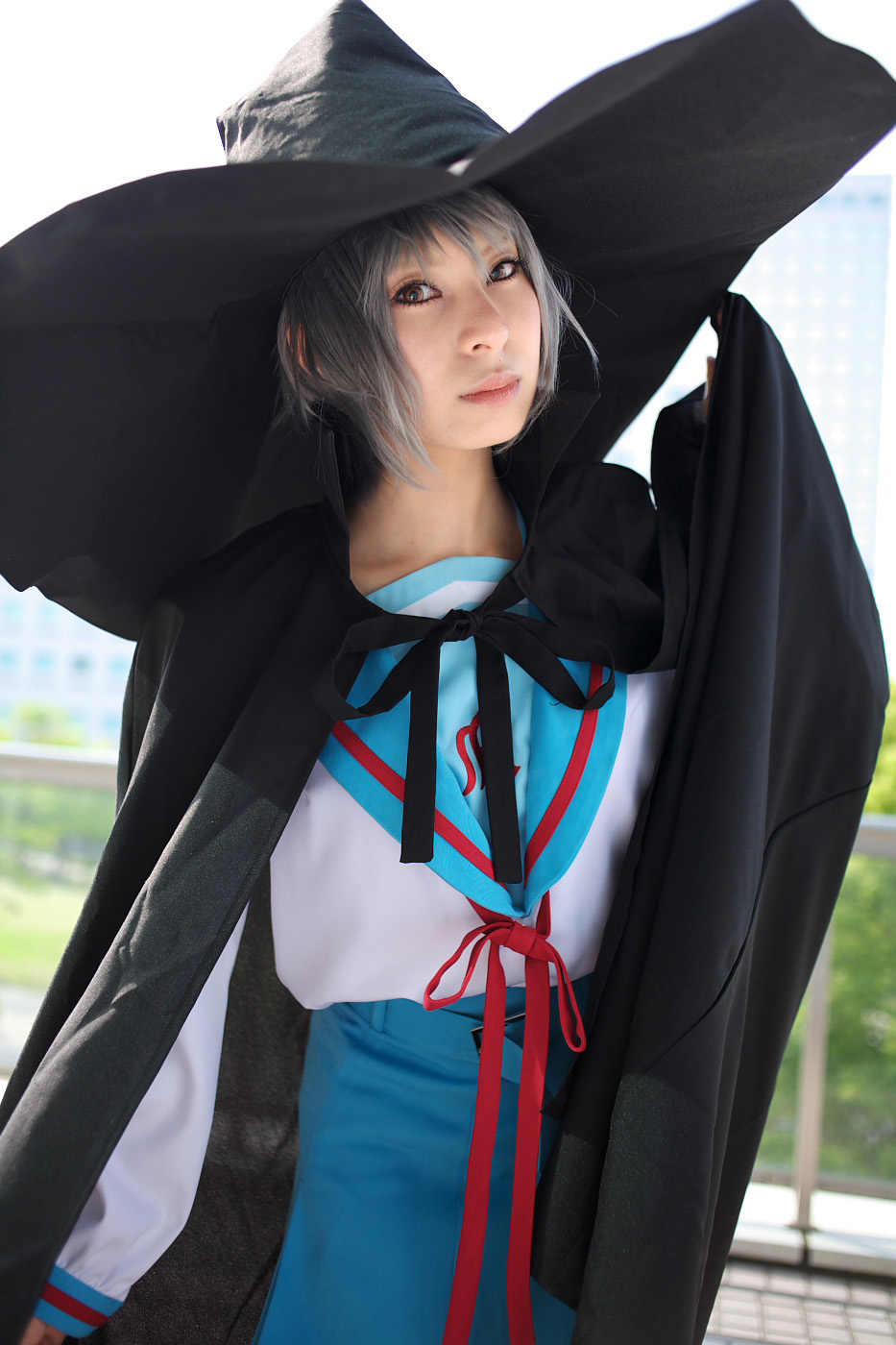 ari (model), nagato yuki, suzumiya haruhi no yuuutsu, highres, photo (medium), cape, cosplay, hat, sailor, school uniform, serafuku, wand, witch hat