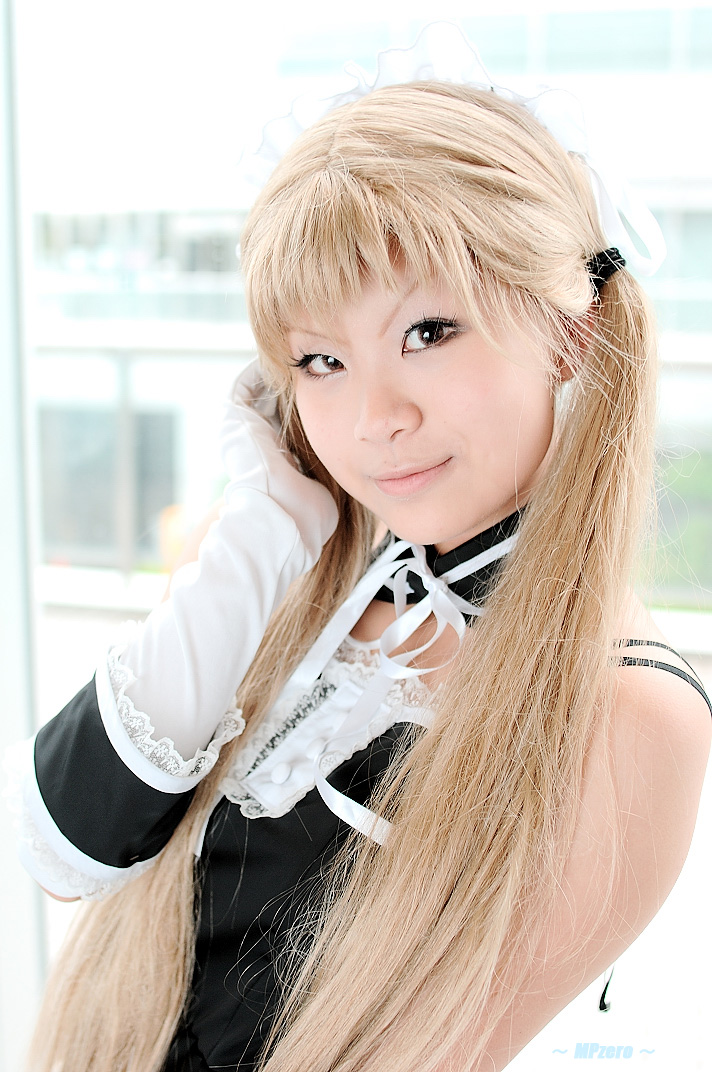 yuu (455687), sawatari mitsuki, kore ga watashi no goshujin-sama, photo (medium), tagme, 1girl, apron, asian, bare shoulders, blonde hair, blurry, cosplay, day, depth of field, detached collar, elbow gloves, female focus, gloves, japanese (nationality), looking at viewer, maid, maid headdress, nakabayashi yoshitaka's maid uniform, sawatari mitsuki (cosplay), solo, twintails, upper body, white gloves, window