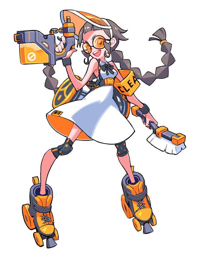 kiku (kicdoc), original, commentary, english commentary, 1girl, bag, black-framed eyewear, black ribbon, blunt bangs, braid, brown hair, dress, duffel bag, eyelashes, full body, glasses, hat, holding, holding brush, holding weapon, knee pads, long hair, neck ribbon, open mouth, orange-tinted eyewear, orange hat, ribbon, roller skates, round eyewear, sidelocks, simple background, skates, sleeveless, sleeveless dress, smile, solo, teeth, tinted eyewear, twin braids, twintails, upper teeth only, visor cap, weapon, white background, white dress, wristband