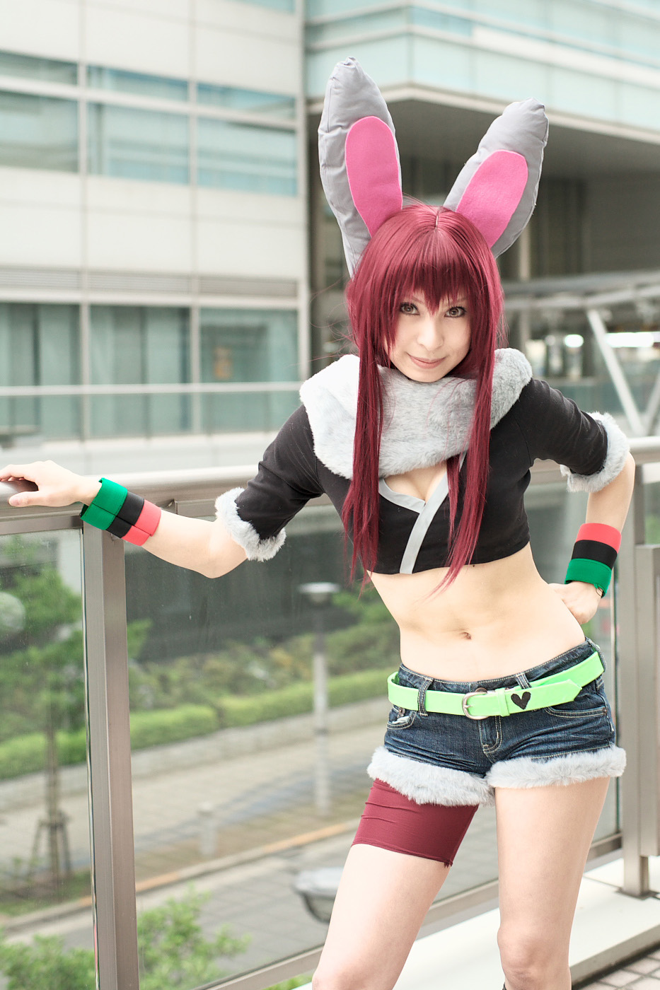 ari (model), shiwasu mina, getsumento heiki miina, highres, photo (medium), animal ears, breasts, cleavage, cosplay, cutoffs, fur trim, midriff, rabbit ears