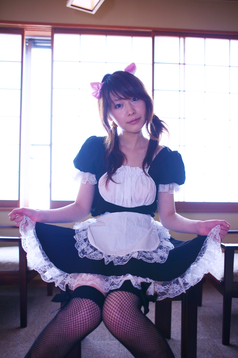 nao, highres, photo (medium), animal ears, apron, cat ears, cosplay, fishnets, hair ribbon, maid, maid apron, ribbon, thighhighs, twintails