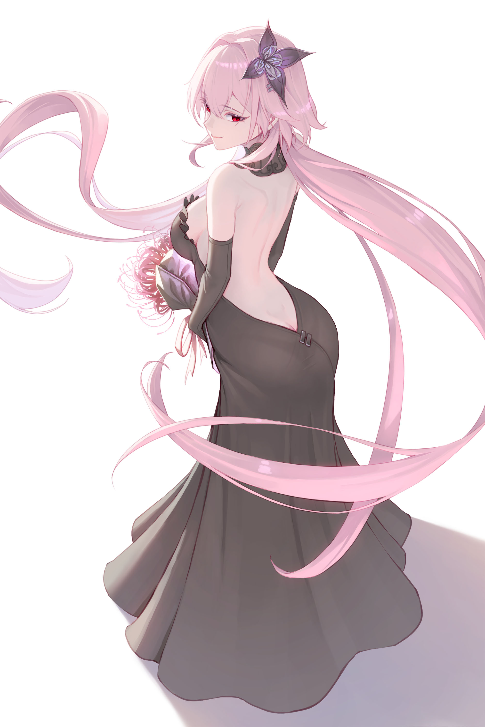 bowlp, evernight (honkai: star rail), march 7th (honkai: star rail), honkai: star rail, honkai (series), absurdres, highres, 1girl, alternate costume, ass, black dress, black flower, black gloves, bouquet, butt crack, dress, elbow gloves, flower, from above, gloves, hair flower, hair ornament, holding, holding bouquet, long hair, looking at viewer, looking back, pink hair, red eyes, shadow, smile, solo, strapless, strapless dress, white background