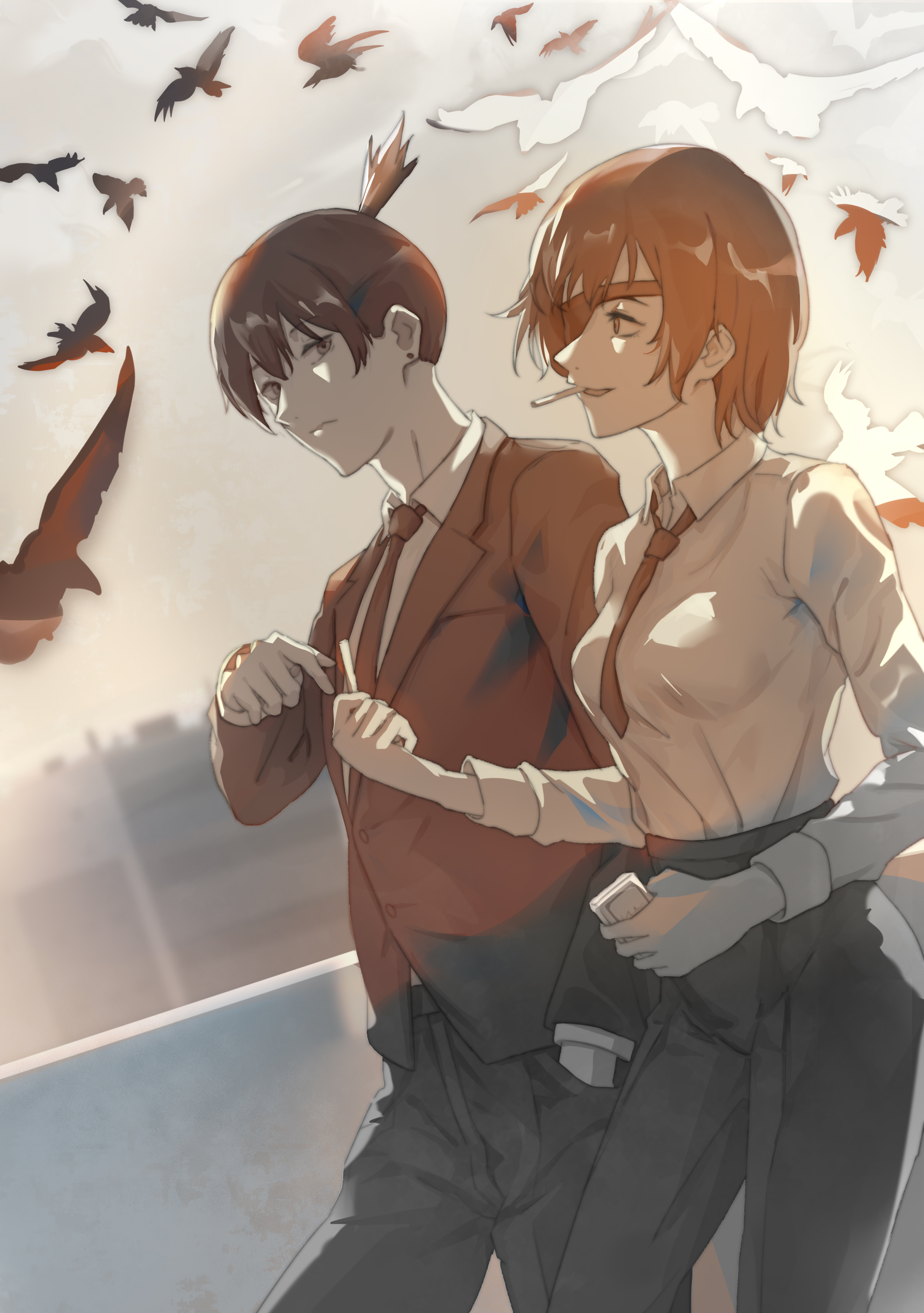 vii (joshuayuen), hayakawa aki, himeno (chainsaw man), chainsaw man, absurdres, highres, 1boy, 1girl, bird, cigarette, collared shirt, earrings, formal clothes, hand in pocket, high-waist pants, jewelry, long sleeves, looking at another, necktie, outdoors, pants, ponytail, sharing, shirt, short hair, short ponytail, smoking, suit