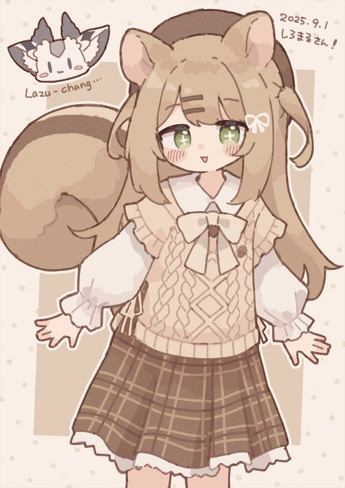 colon br, original, commentary request, highres, 1girl, :3, :d, animal ears, blush, bow, bowtie, brown background, brown hair, brown hat, brown skirt, brown sweater vest, collared shirt, cowboy shot, cross-shaped pupils, dated, frilled skirt, frilled sleeves, frills, green eyes, hair ornament, hairclip, hat, long hair, long sleeves, looking at viewer, open mouth, outline, parallel hairclips, plaid clothes, plaid skirt, pleated skirt, shirt, skirt, smile, solo, squirrel ears, squirrel girl, squirrel tail, sweater vest, symbol-shaped pupils, tail, white bow, white bowtie, white outline, white shirt