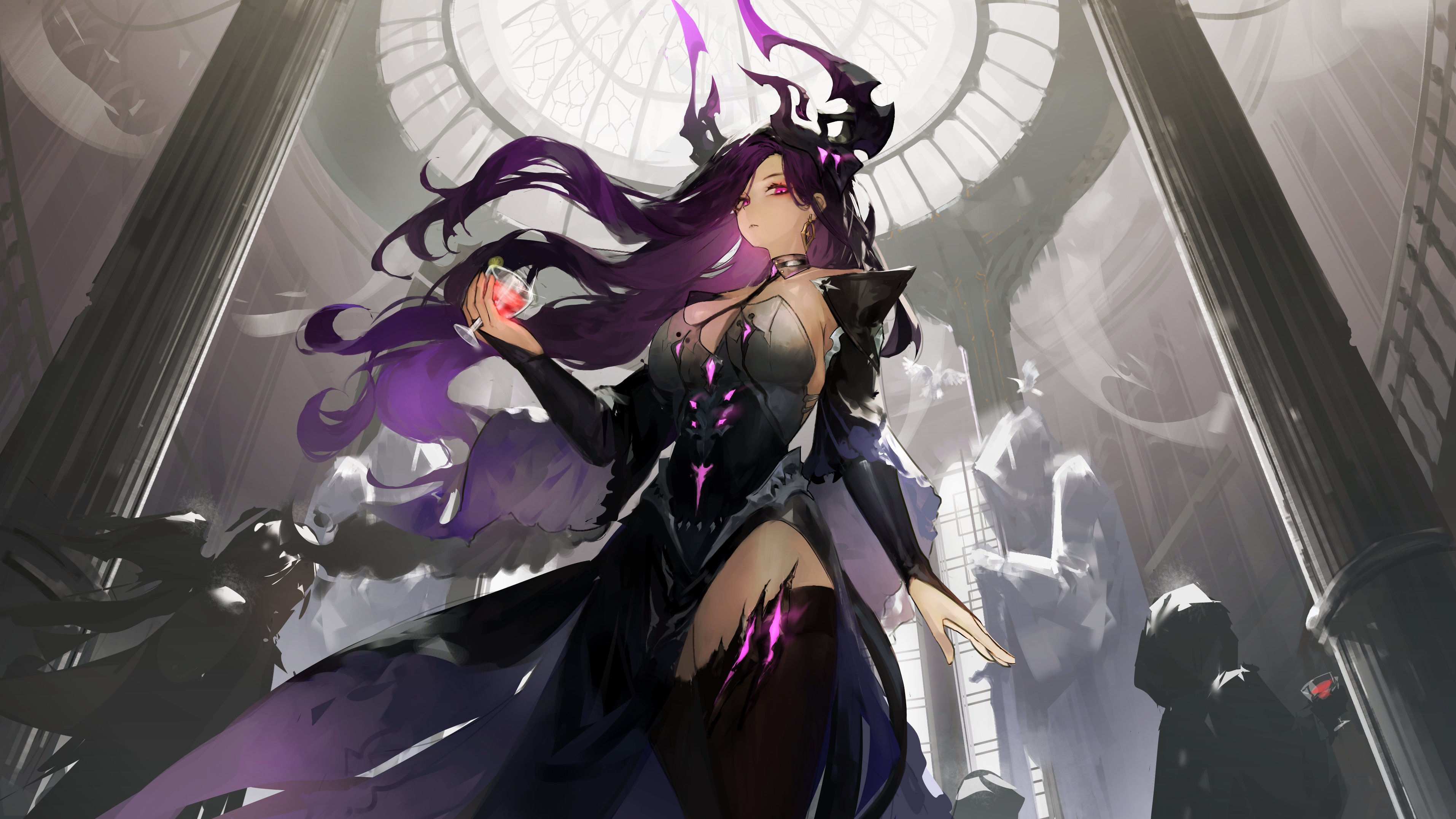lewdlily66, sibylle (duet night abyss), duet night abyss, absurdres, commentary, highres, 1girl, black bridal gauntlets, black dress, black horns, black thighhighs, breasts, bridal gauntlets, closed mouth, cup, detached sleeves, dress, drinking glass, earrings, feet out of frame, gradient horns, holding, holding cup, horns, jewelry, large breasts, long hair, looking at viewer, multicolored horns, people, purple eyes, purple hair, purple horns, solo focus, thighhighs, thighs