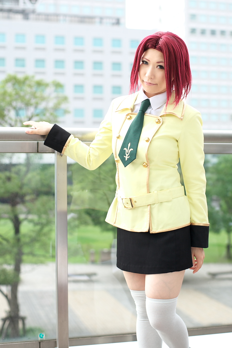 chippi, kouzuki kallen, code geass, highres, photo (medium), 1girl, asian, blue eyes, color contacts, cosplay, female focus, kouzuki kallen (cosplay), looking at viewer, necktie, red hair, school uniform, short hair, solo, thighhighs, white thighhighs, zettai ryouiki