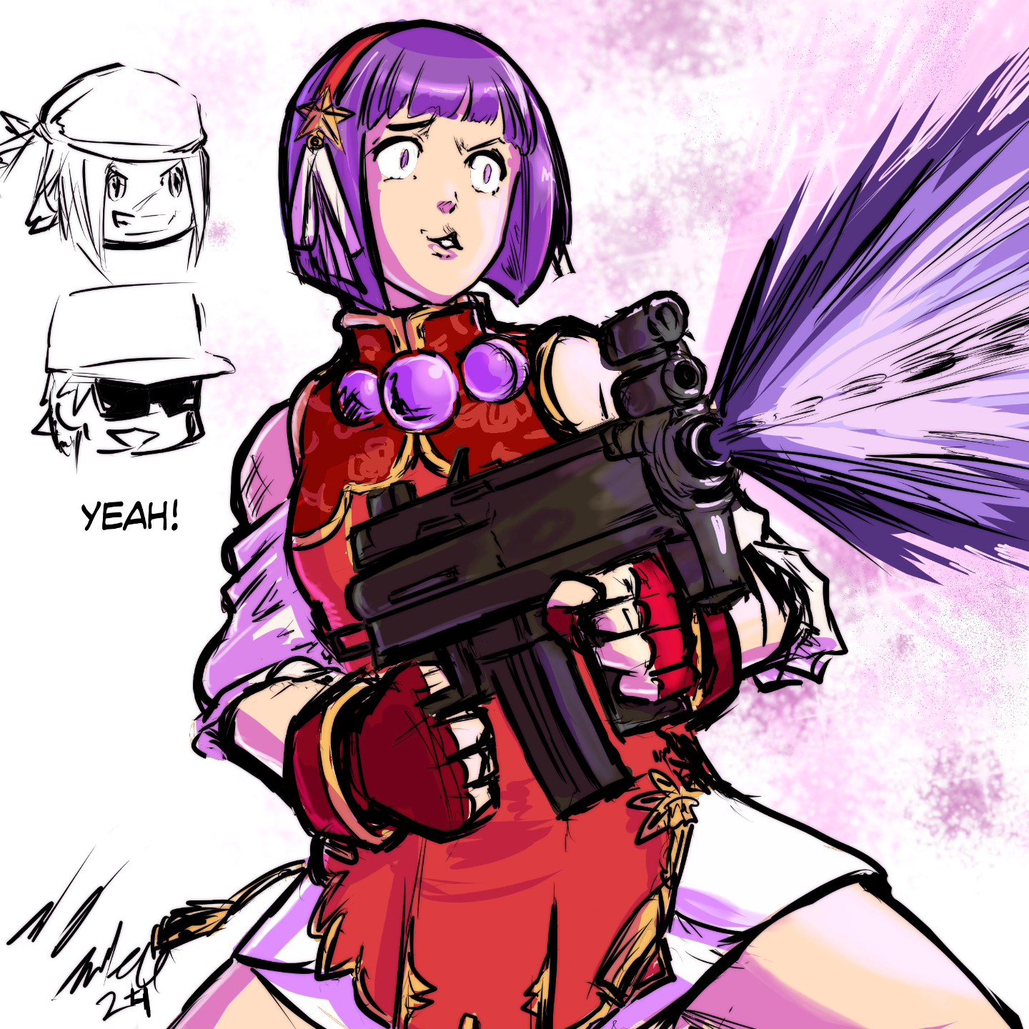 asamiya athena, the king of fighters, 1girl, breasts, dress, female focus, gloves, hairband, magic, magical girl, medium breasts, purple eyes, purple hair, short hair, standing, star (symbol), taurence bell, thick thighs, thighs, weapon, wide hips