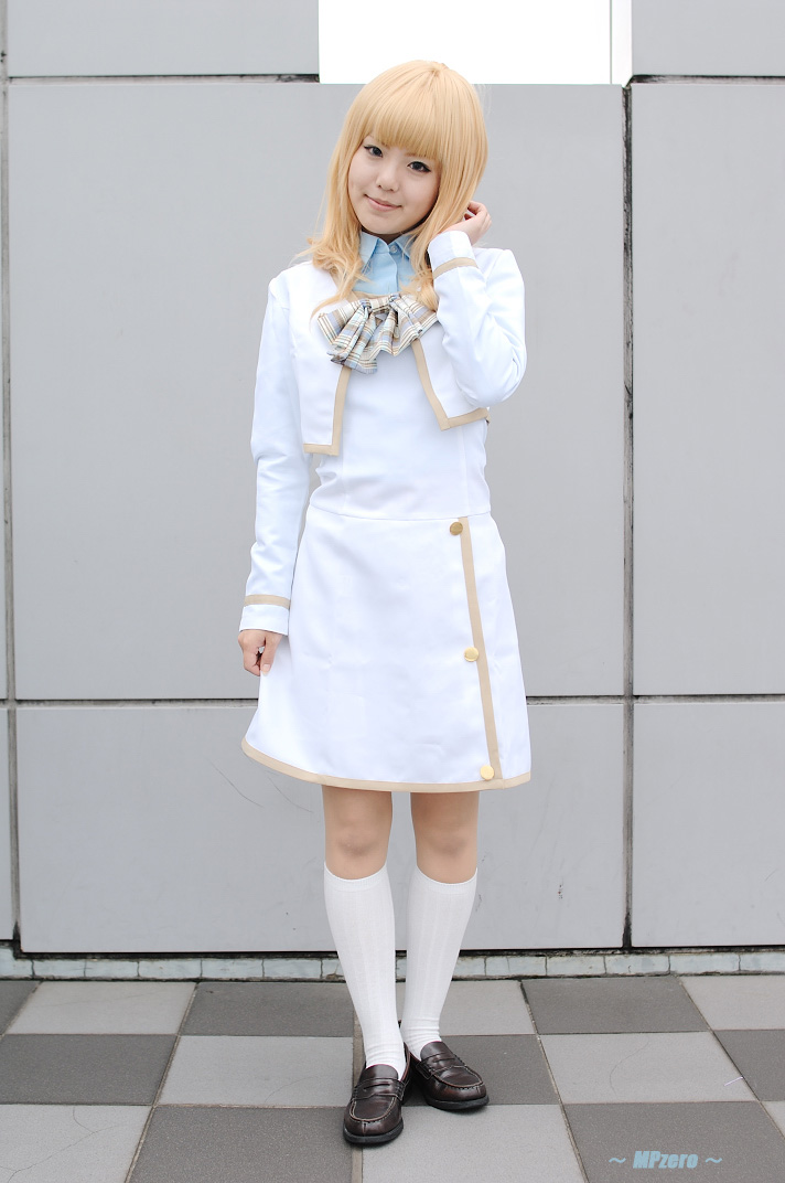 suzuran ousaka, konohana hikari, strawberry panic!, photo (medium), 1girl, asian, blonde hair, cosplay, female focus, kneehighs, konohana hikari (cosplay), loafers, looking at viewer, school uniform, shoes, socks, solo, white socks