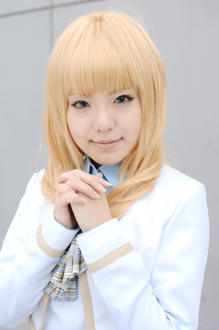 suzuran ousaka, konohana hikari, strawberry panic!, photo (medium), 1girl, asian, blonde hair, blue eyes, color contacts, cosplay, female focus, kneehighs, konohana hikari (cosplay), looking at viewer, school uniform, socks, solo