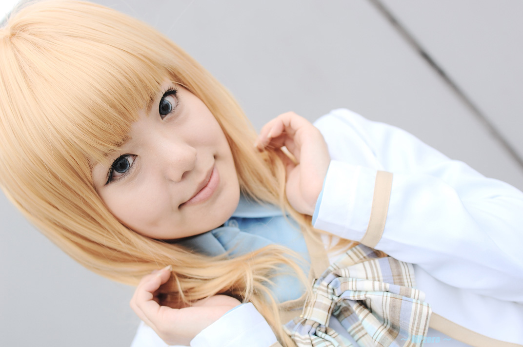 suzuran ousaka, konohana hikari, strawberry panic!, photo (medium), 1girl, asian, blonde hair, blue eyes, color contacts, cosplay, dutch angle, female focus, kneehighs, konohana hikari (cosplay), looking at viewer, school uniform, socks, solo