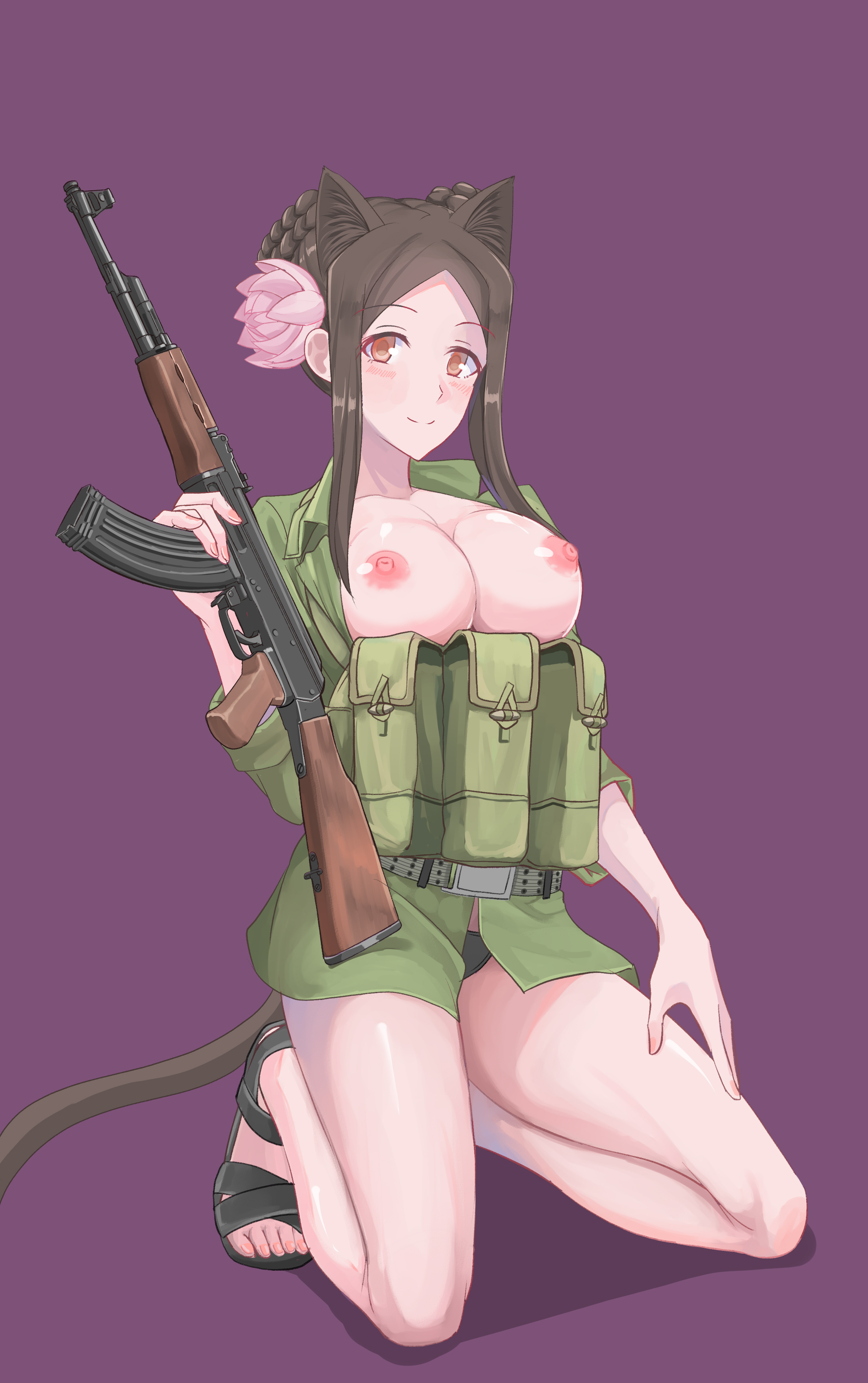 nguyen tam lee, pham thi ran, muv-luv, muv-luv alternative, schwarzesmarken, highres, 1girl, ak-47, ammunition pouch, animal ears, assault rifle, bare legs, belt, belt buckle, black panties, breasts, breasts out, brown eyes, brown hair, buckle, cat ears, cat girl, cat tail, double bun, flip-flops, flower, green jacket, gun, hair bun, hair flower, hair ornament, hand on own thigh, holding, holding gun, holding weapon, jacket, kalashnikov rifle, large breasts, light blush, load bearing equipment, load bearing vest, long hair, military combat uniform, military uniform, nipples, no bra, open clothes, open jacket, panties, people's army of vietnam, pink flower, pouch, purple background, rifle, sandals, seiza, shiny skin, sidelocks, sitting, smile, tail, unbuttoned jacket, underwear, weapon