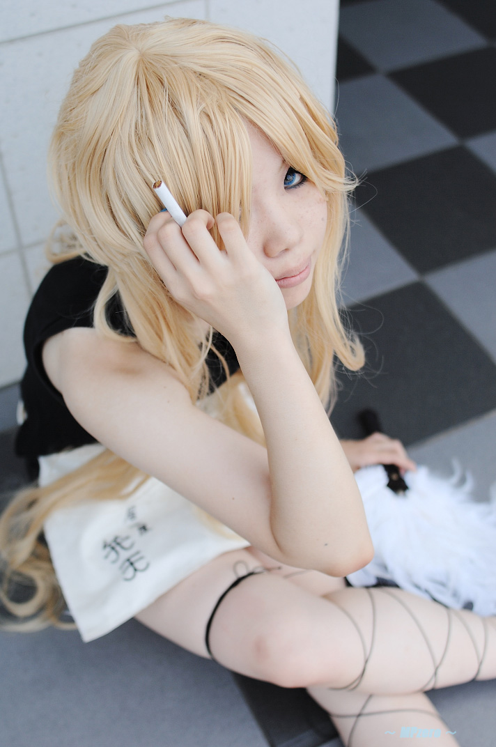 ban! (bansankan), benten (zone-00), zone-00, photo (medium), 1girl, apron, benten (zone-00) (cosplay), blonde hair, cigarette, cosplay, female focus, flat chest, hand fan, miniskirt, skirt, solo