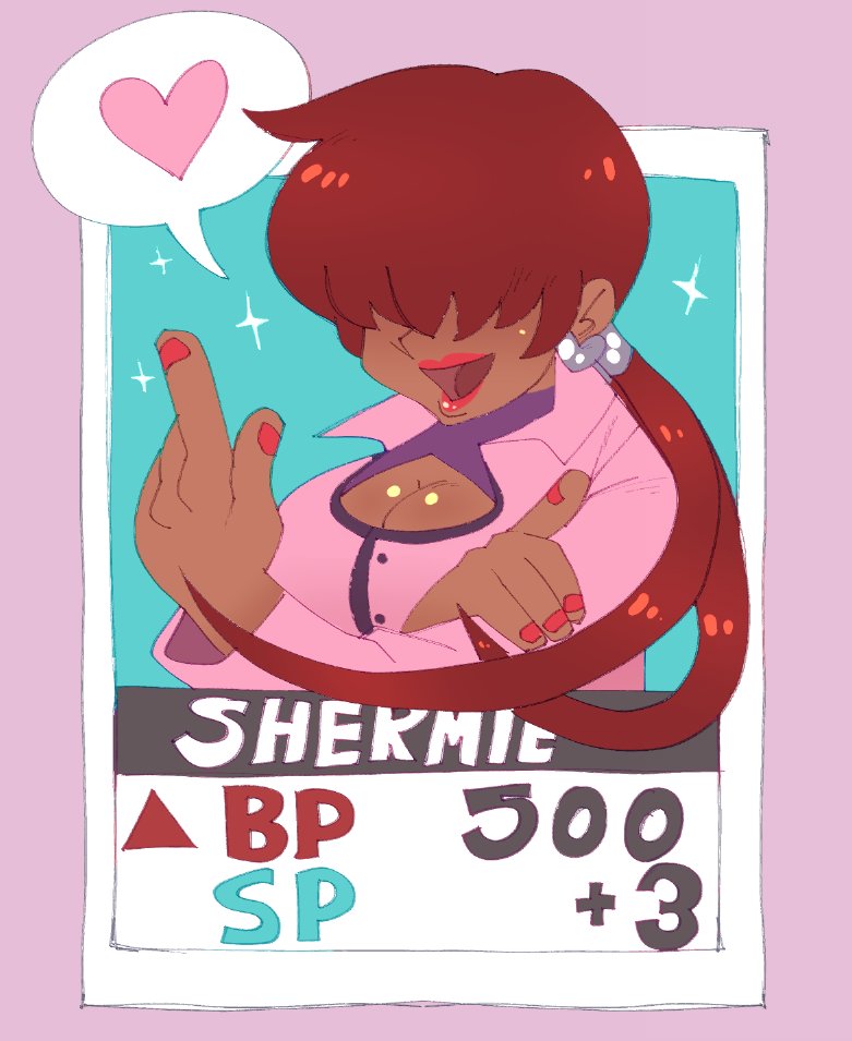 1shermieaday, shermie (kof), the king of fighters, 1girl, breasts, curvy, dark-skinned female, dark skin, earrings, female focus, heart, huge breasts, jacket, jewelry, large breasts, long hair, long sleeves, open mouth, ponytail, red hair, smile, smiley face, tan, twintails