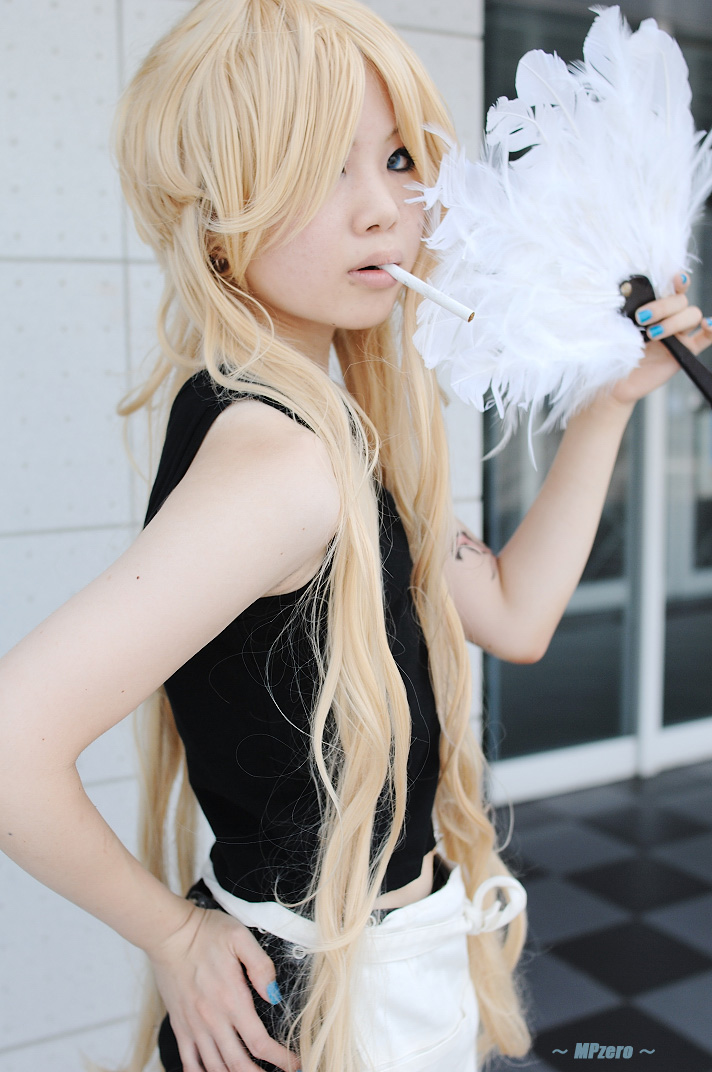 ban! (bansankan), benten (zone-00), zone-00, photo (medium), 1girl, apron, bare arms, bare shoulders, benten (zone-00) (cosplay), blonde hair, blue nails, cigarette, cosplay, female focus, flat chest, hand fan, hand on own hip, long hair, looking at viewer, miniskirt, nail polish, petite, skirt, solo, upper body, very long hair, waist apron