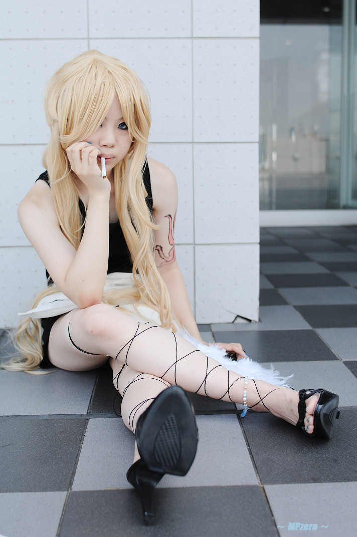 ban! (bansankan), benten (zone-00), zone-00, photo (medium), 1girl, apron, benten (zone-00) (cosplay), blonde hair, cigarette, cosplay, female focus, flat chest, hand fan, high heels, miniskirt, sandals, shoes, skirt, solo