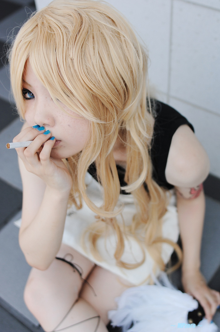 ban! (bansankan), benten (zone-00), zone-00, photo (medium), 1girl, apron, benten (zone-00) (cosplay), blonde hair, cigarette, cosplay, female focus, flat chest, hand fan, miniskirt, skirt, solo