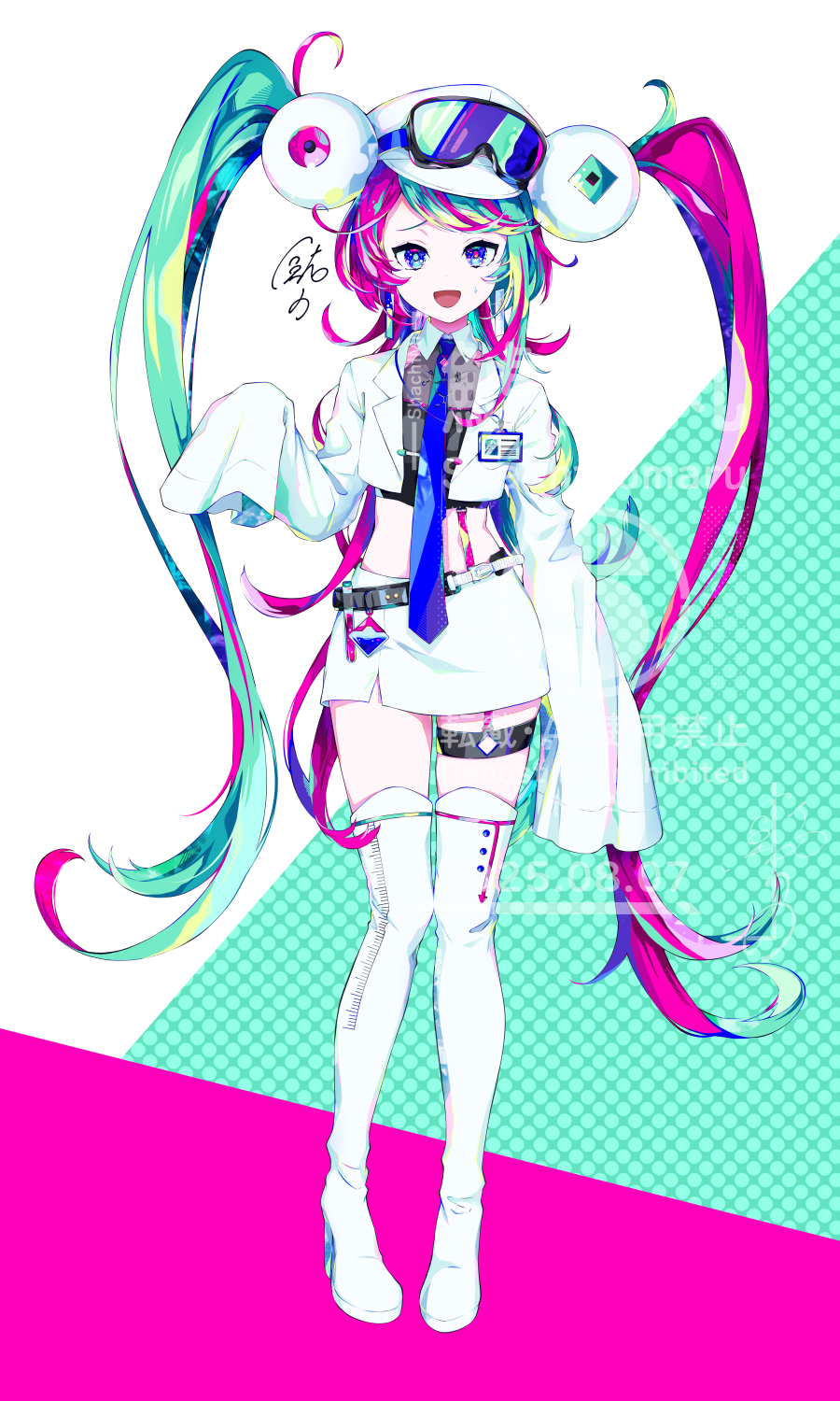 shachi no maru, iriam, commentary request, highres, official art, 1girl, aqua hair, aqua pupils, belt, black belt, blue eyes, blue necktie, boots, colored skin, cropped jacket, eyelashes, full body, fuyuzono josyu, hat, high heel boots, high heels, jacket, long hair, midriff, mismatched pupils, multicolored hair, necktie, open clothes, open jacket, open mouth, pink hair, pink pupils, signature, skirt, sleeves past wrists, smile, solo, sweatdrop, test tube, thigh strap, twintails, two-tone hair, very long hair, virtual youtuber, watermark, white boots, white hat, white jacket, white skin, white skirt