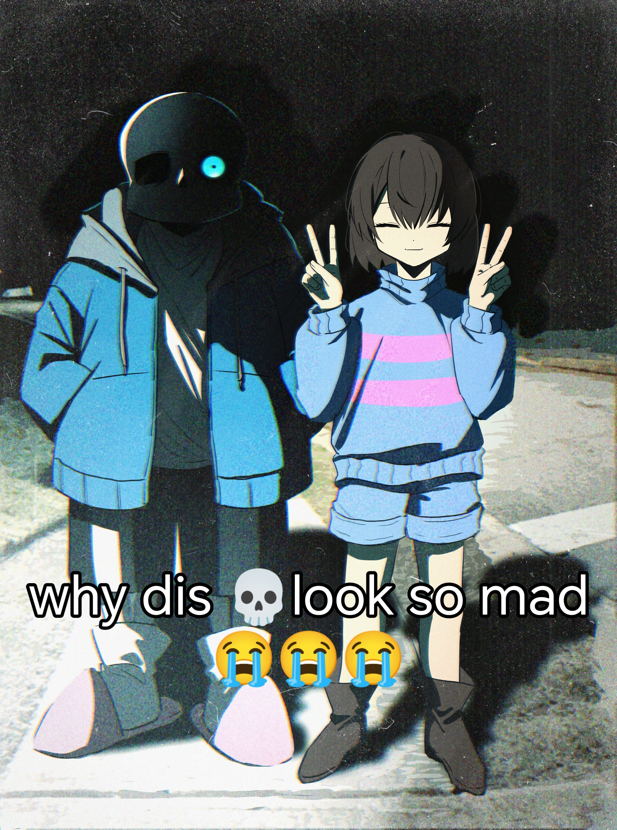 hanbaobaobaozhu, frisk (undertale), sans (undertale), undertale, utdr (toby fox), absurdres, chinese commentary, commentary request, highres, 1boy, 1other, ^ ^, ankle boots, ankle socks, aqua eyes, bare legs, black shorts, black sky, blue jacket, blue shorts, blue sweater, bob cut, boots, brown boots, brown hair, chromatic aberration, closed eyes, closed mouth, denim, denim shorts, double v, drawstring, english text, eyes in shadow, facing viewer, film grain, full body, glowing, glowing eye, grey hood, hair between eyes, hands in pockets, hands up, hood, hood down, hooded jacket, jacket, long sleeves, looking at viewer, meme, night, open clothes, open jacket, outdoors, photo background, pink slippers, pink sweater, puffy long sleeves, puffy sleeves, shadow, shirt, short hair, shorts, single vertical stripe, skeleton, sky, slippers, smile, socks, standing, straight-on, striped clothes, striped sweater, sweater, turtleneck, turtleneck sweater, two-tone sweater, v, white shirt, white socks, why dis ninja look so mad (meme)