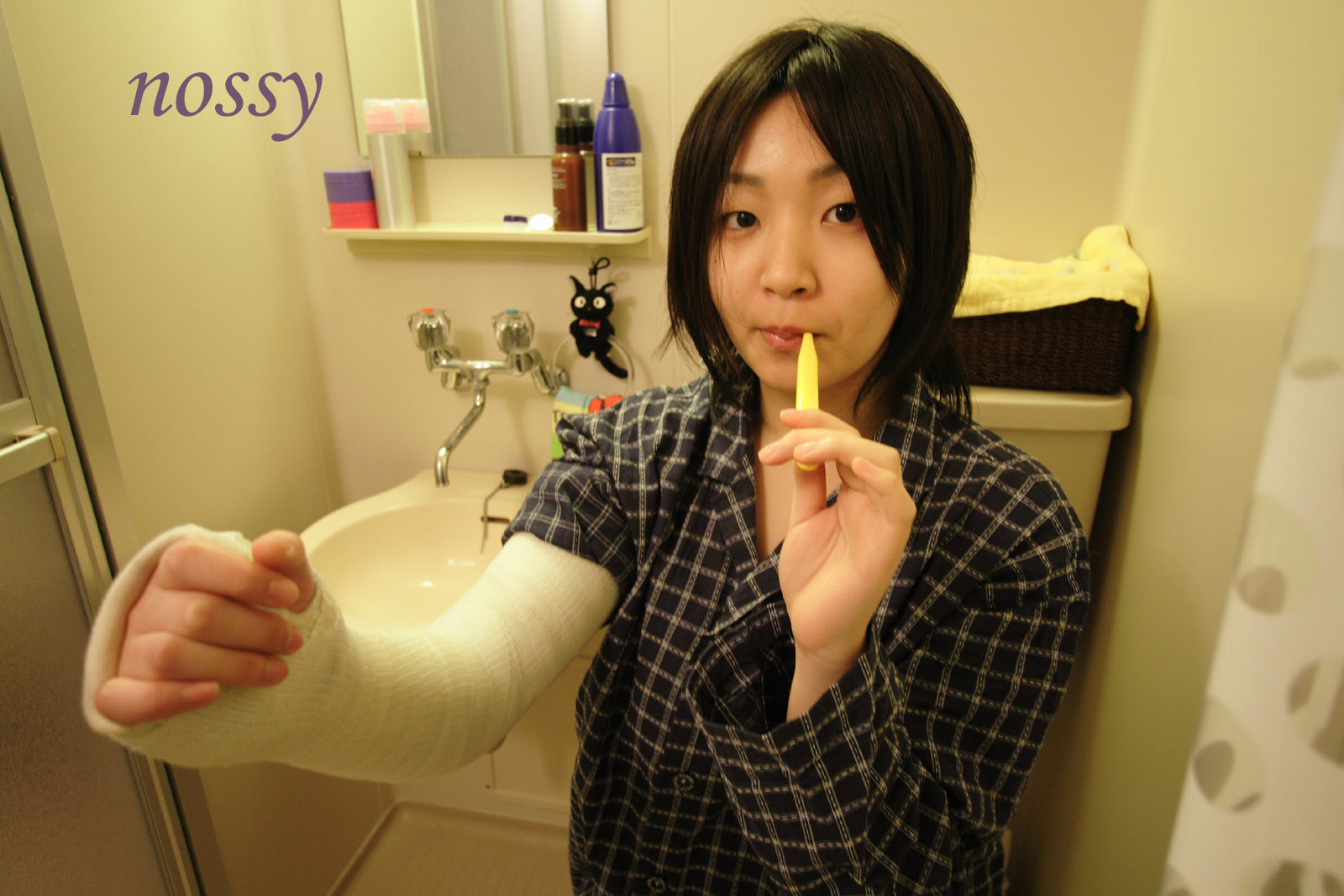 highres, photo (medium), bathroom, cast, pajamas, toothbrush